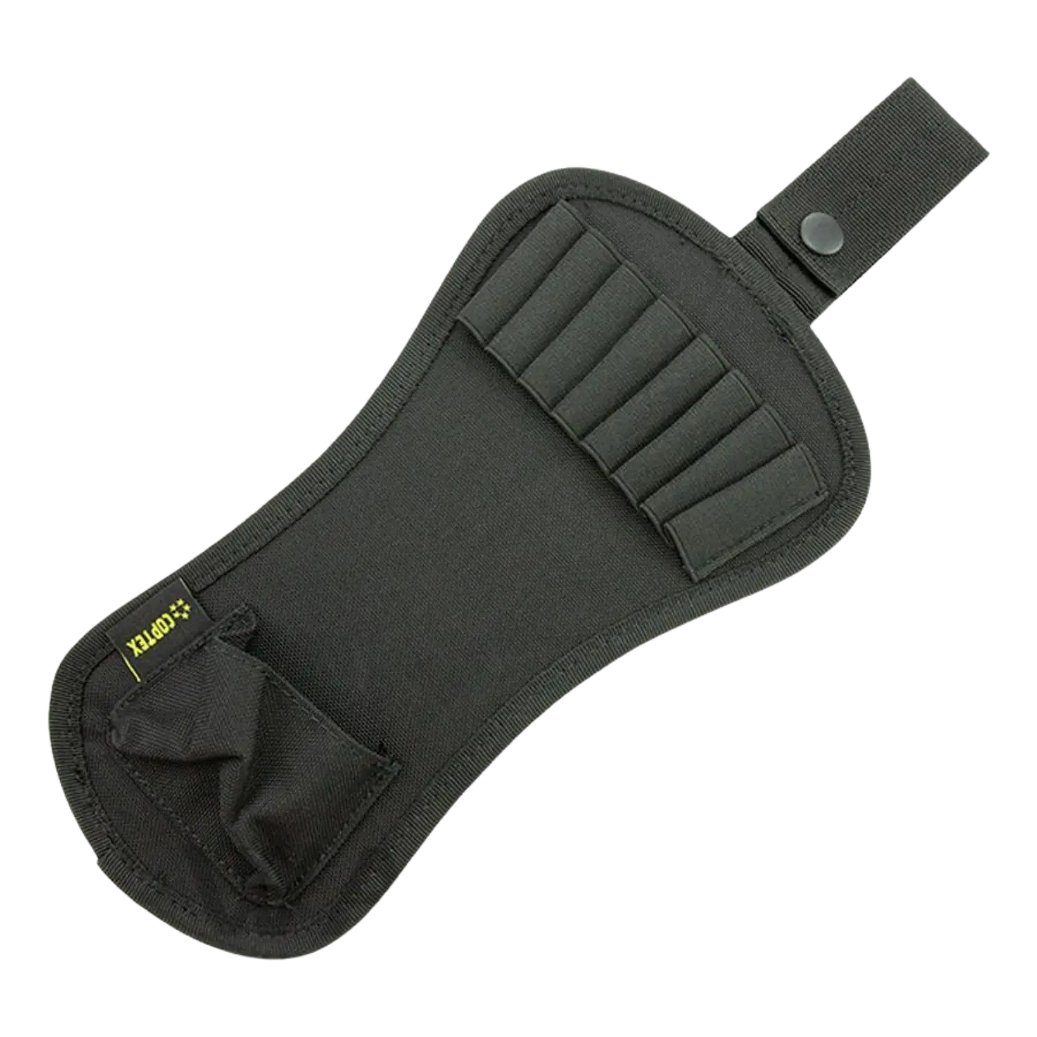 Schwarzes Gürtelholster für Pfeile aus strapazierfähigem Material, mit mehreren Schlaufen zur Aufbewahrung von Pfeilen und einer seitlichen Tasche.