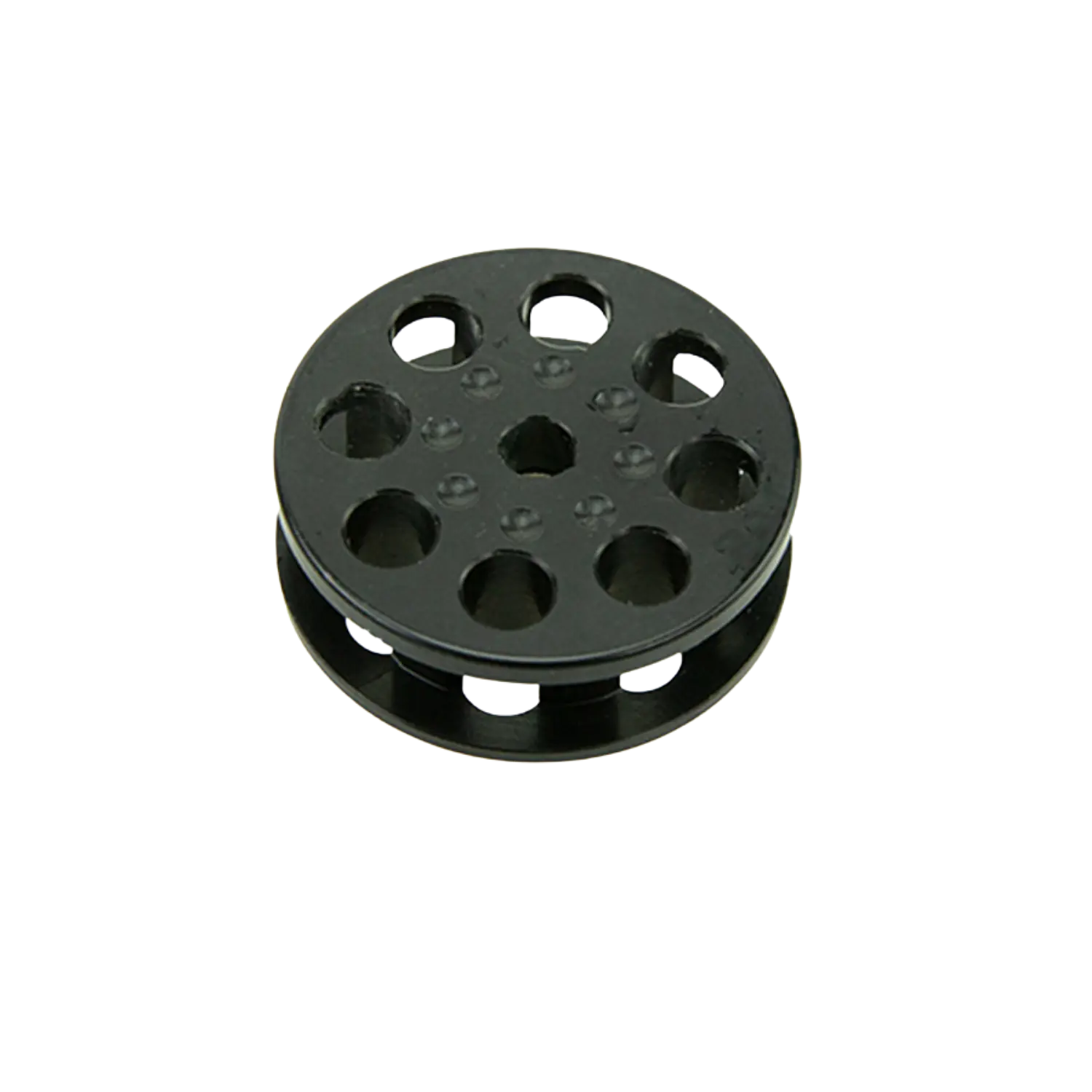 Schwarzes Trommelmagazin mit runder Form, ausgestattet mit mehreren Löchern in zwei Reihen.