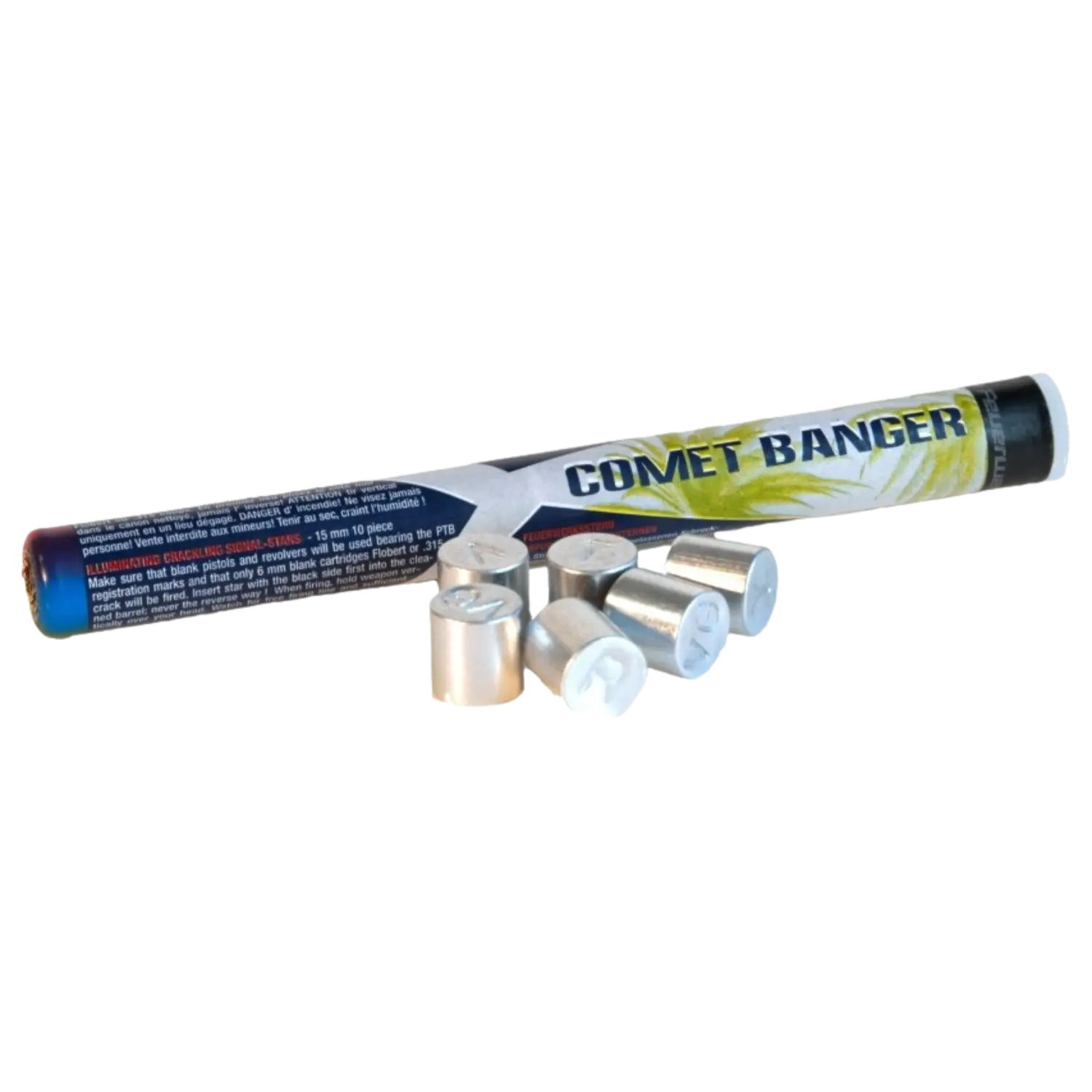 Zylinderförmiges Röhrchen mit der Aufschrift 'COMET BANGER' und fünf silberne Signalsterne.