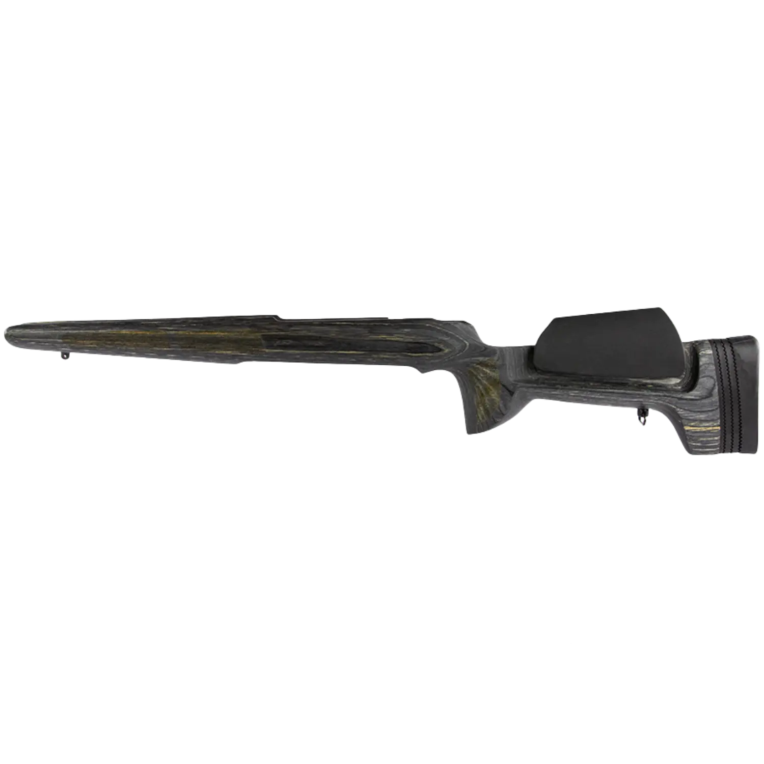 Schwarzer Sportschaft für Tikka-Gewehr mit verstellbarer Wangenauflage und gepolstertem Schaftende aus Holzlaminat.