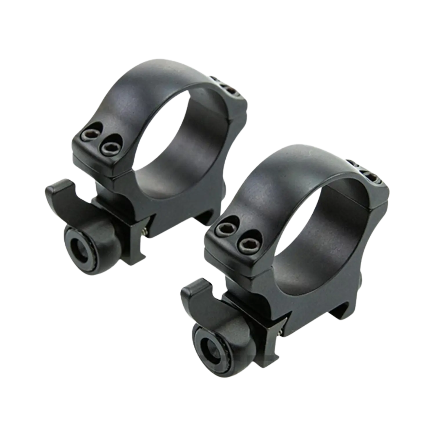 Zwei schwarze Recknagel Schnellmontageringe aus Metall mit Schnellspannhebeln und Schrauben zur Befestigung