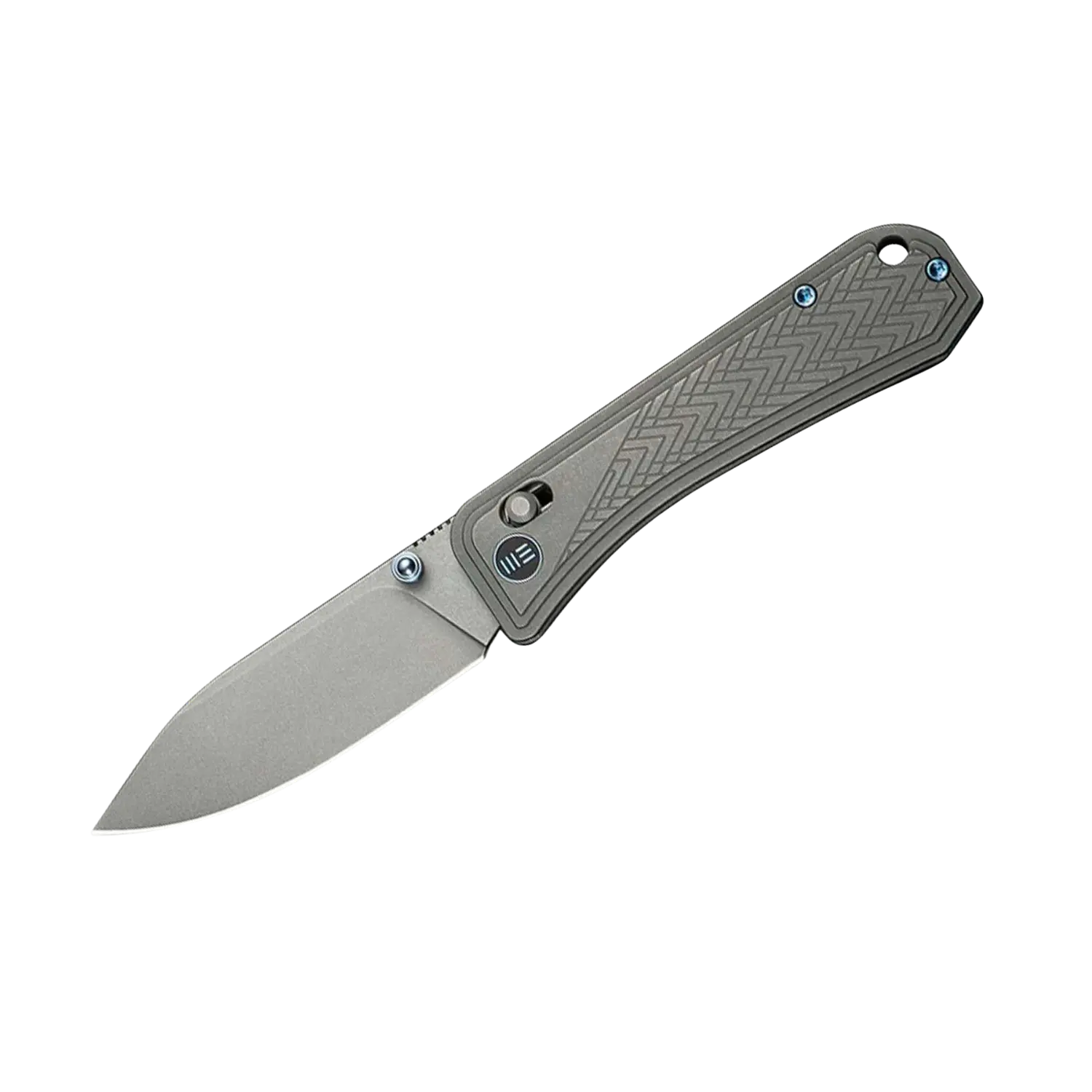 WE Knife Bougie Banter S45VN Titanium Grey Stonewashed Graues Klappmesser mit blauen Akzenten, elegant und funktional.