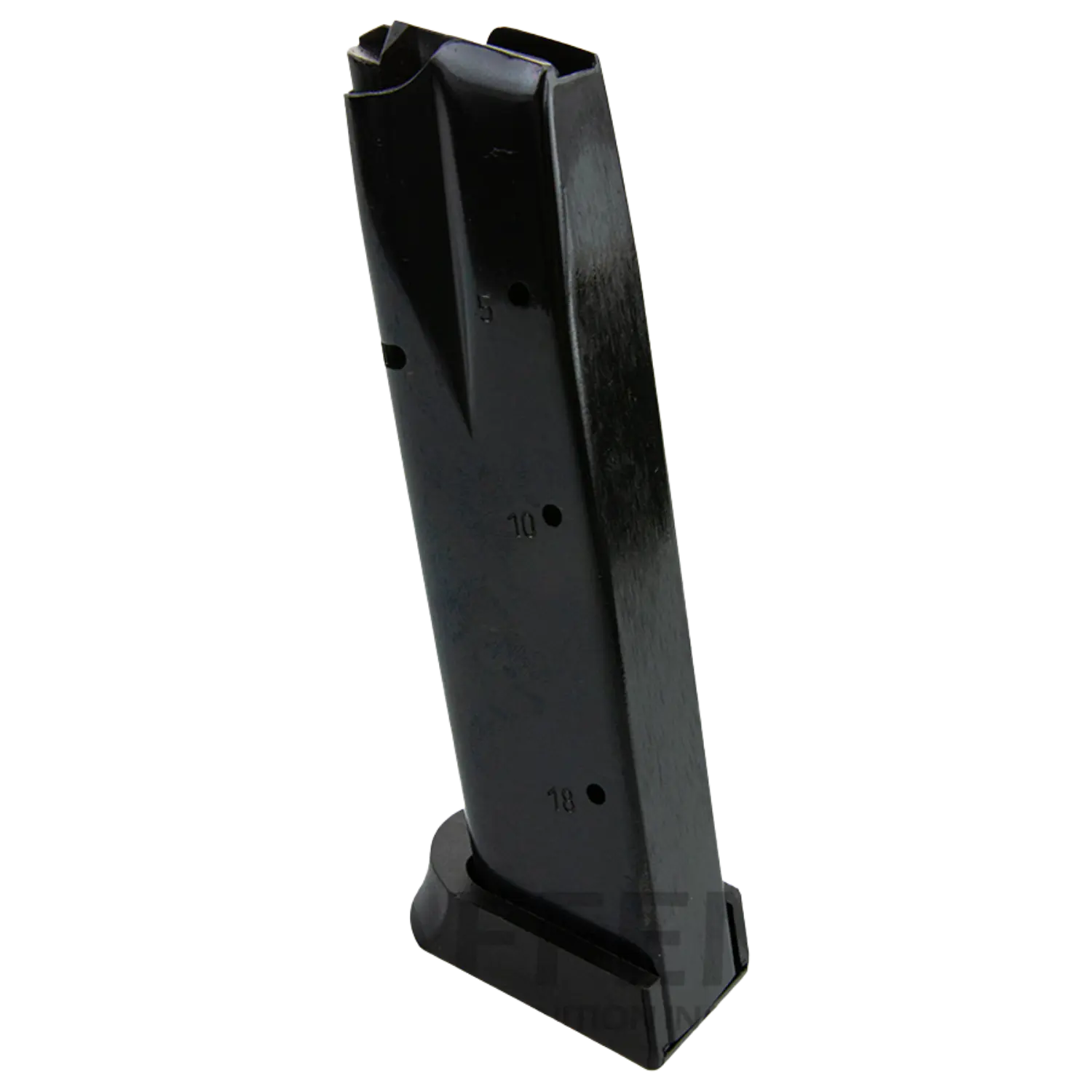 Schwarzfarbiger Magazin für CZ 75 SP-01, 9mm, mit sichtbaren Ziffern für Kapazität, rechteckige Form, Kunststoffboden.