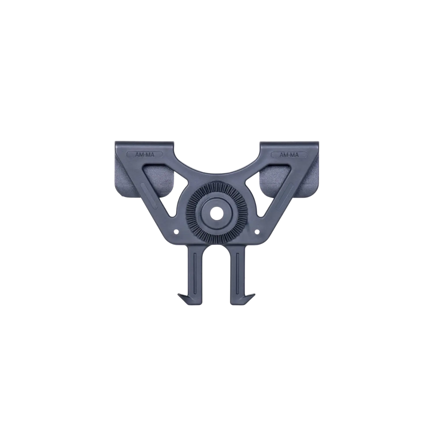 Schwarzer Amomax Molle Adapter mit mittigem Zahnrad und zwei Haken unten, dreieckige Aussparungen seitlich.
