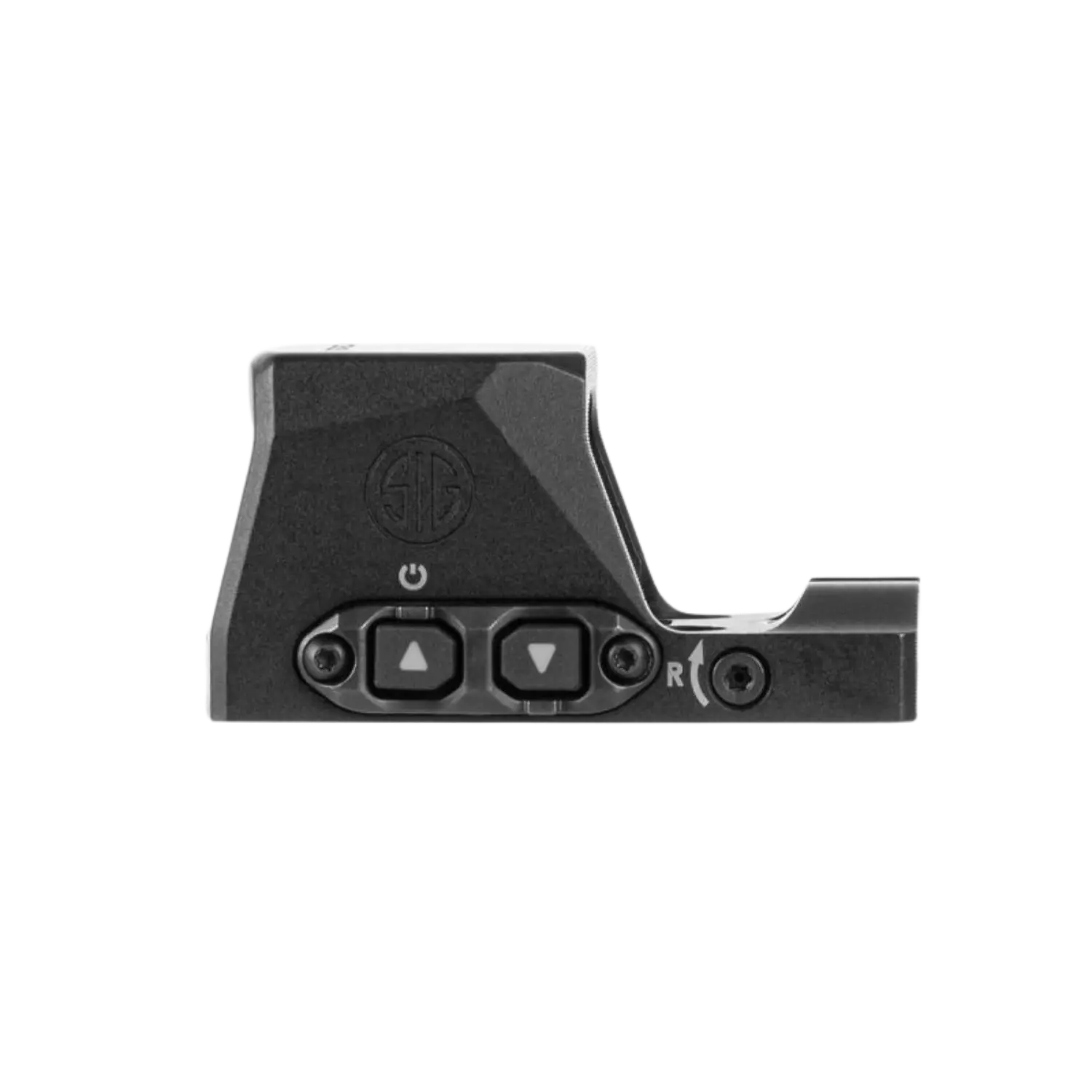 Schwarzes Sig Sauer Romeo X Pro Red-Dot-Visier mit zwei quadratischen Tasten und SIG-Logo auf der linken Seite.