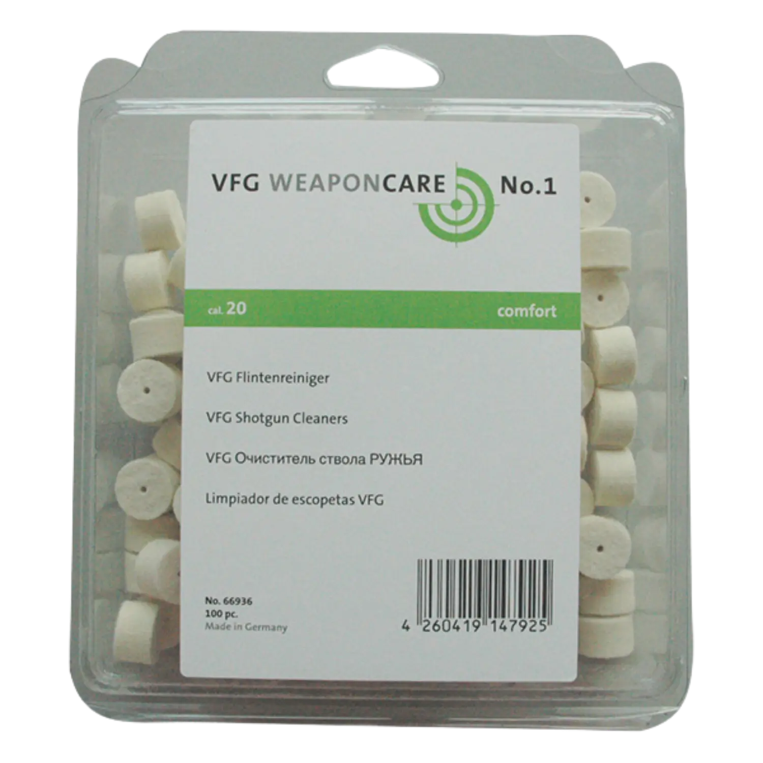 Verpackung mit weißen VFG Flintenreinigern, zylindrisch, mit Loch in der Mitte, beschriftet mit 'VFG WEAPONCARE No.1', Kaliber 20, 100 Stück, Made in Germany.