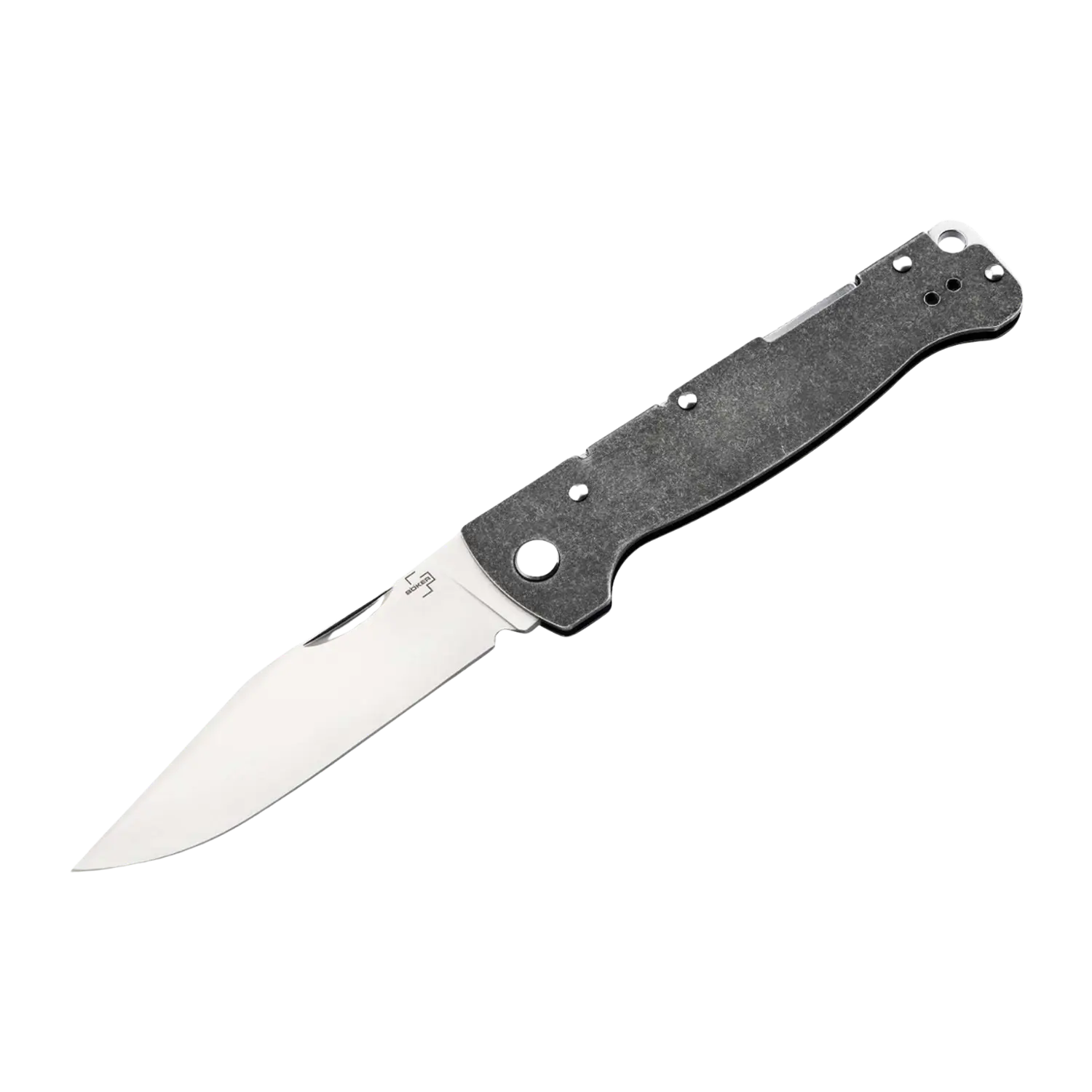 Aufgeklapptes Taschenmesser Böker Plus Atlas Backlock Big mit glatter Klinge und schwarzem Griff mit Textur