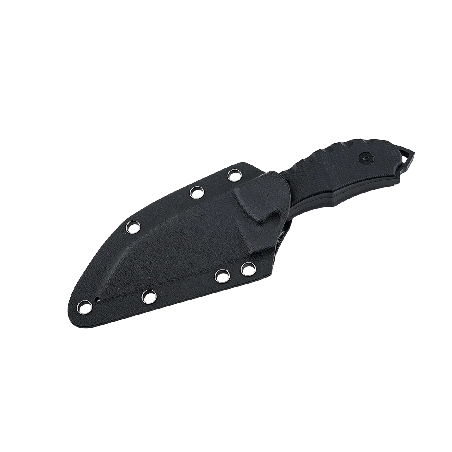 Schwarzes Böker Plus Andhrimnir Mini Messer mit ergonomischem Griff und passender schwarzer Scheide mit Metallösen.