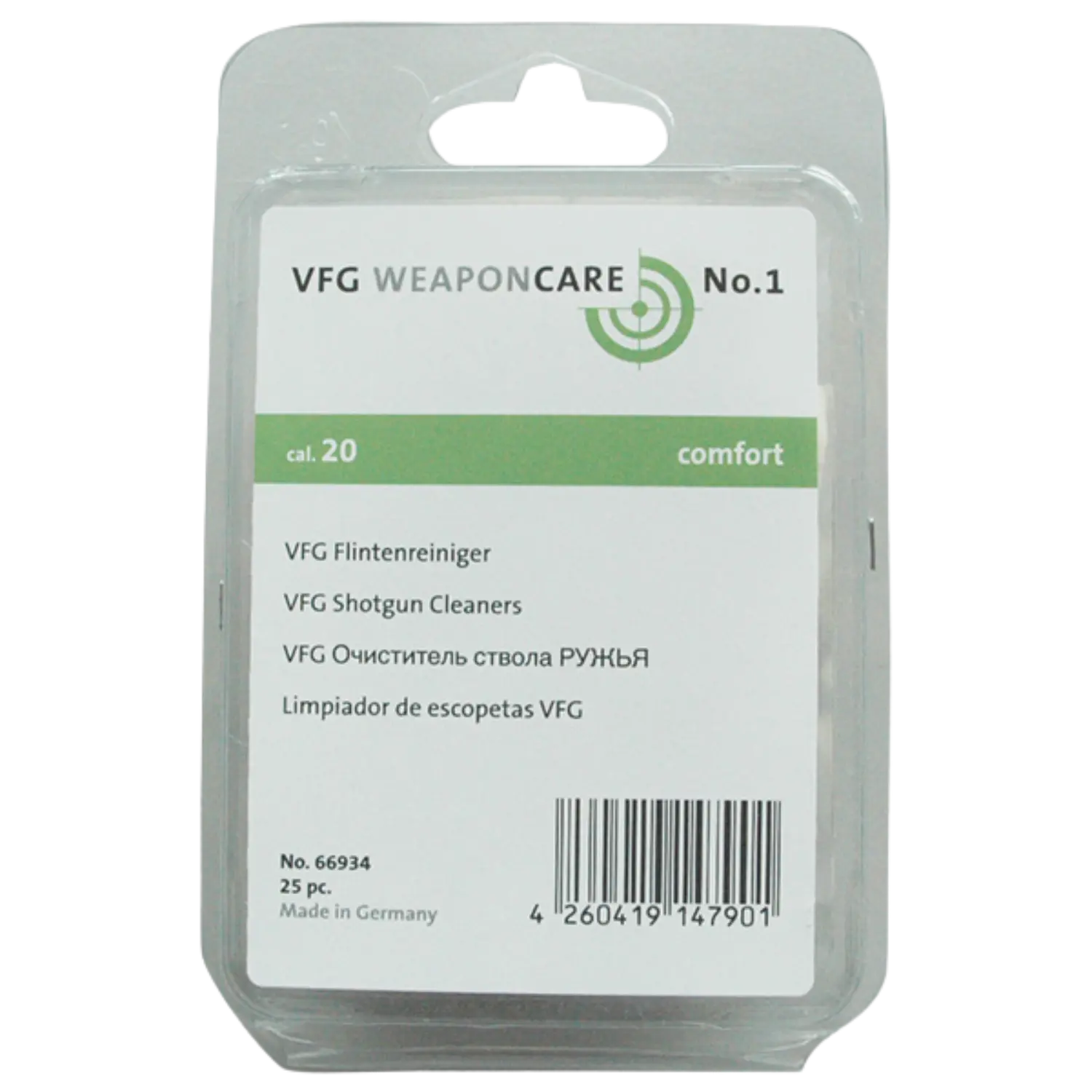 Verpackung des VFG Flintenreinigers No. 1, kaliber 20, mit mehrsprachiger Produktbeschreibung und Barcode.