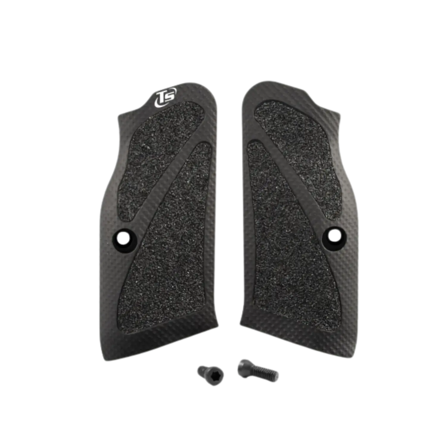 Zwei schwarze Toni System X3D Long Griffschalen mit strukturierter Oberfläche und zwei Schrauben für Tanfoglio Large Frame