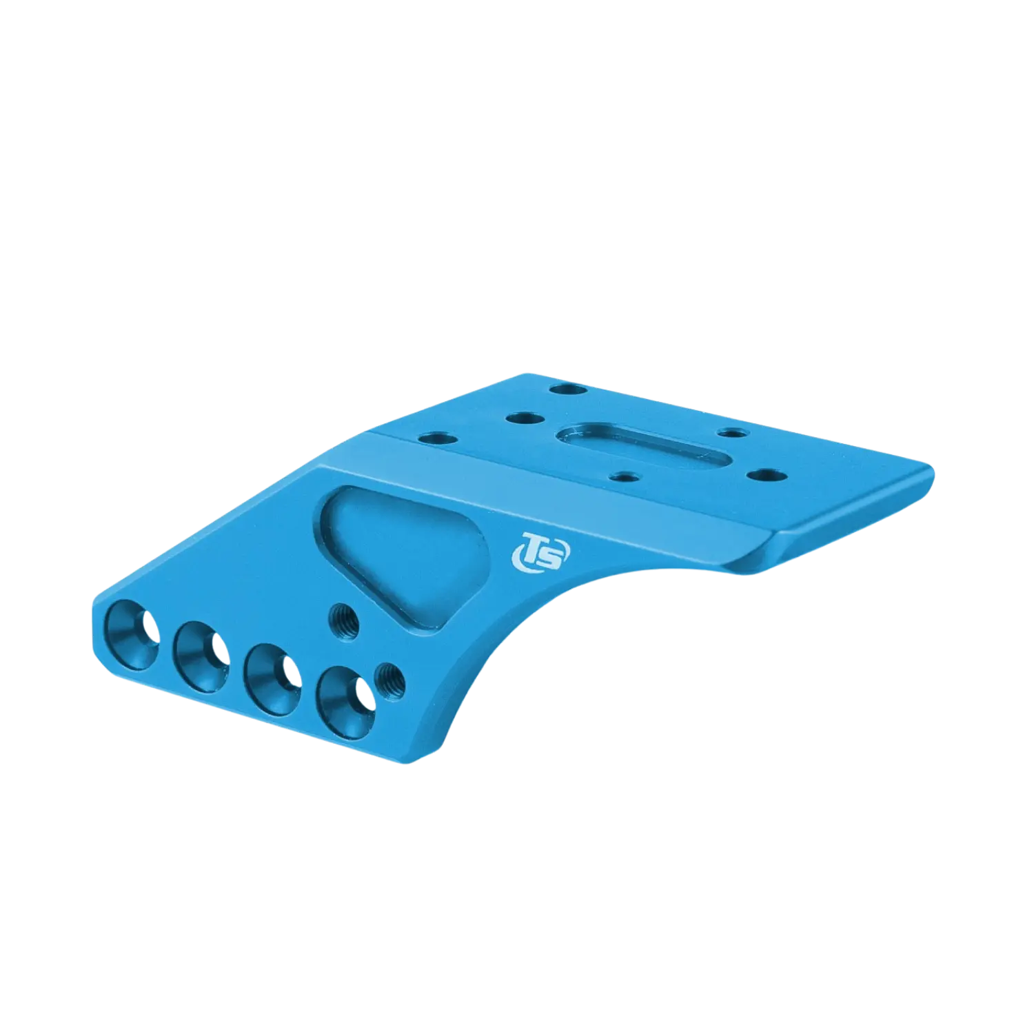 Blaue Montageplatte mit mehreren Bohrungen und dem Logo "TS" für Trijicon- und Holosun-Red-Dot-Optiken