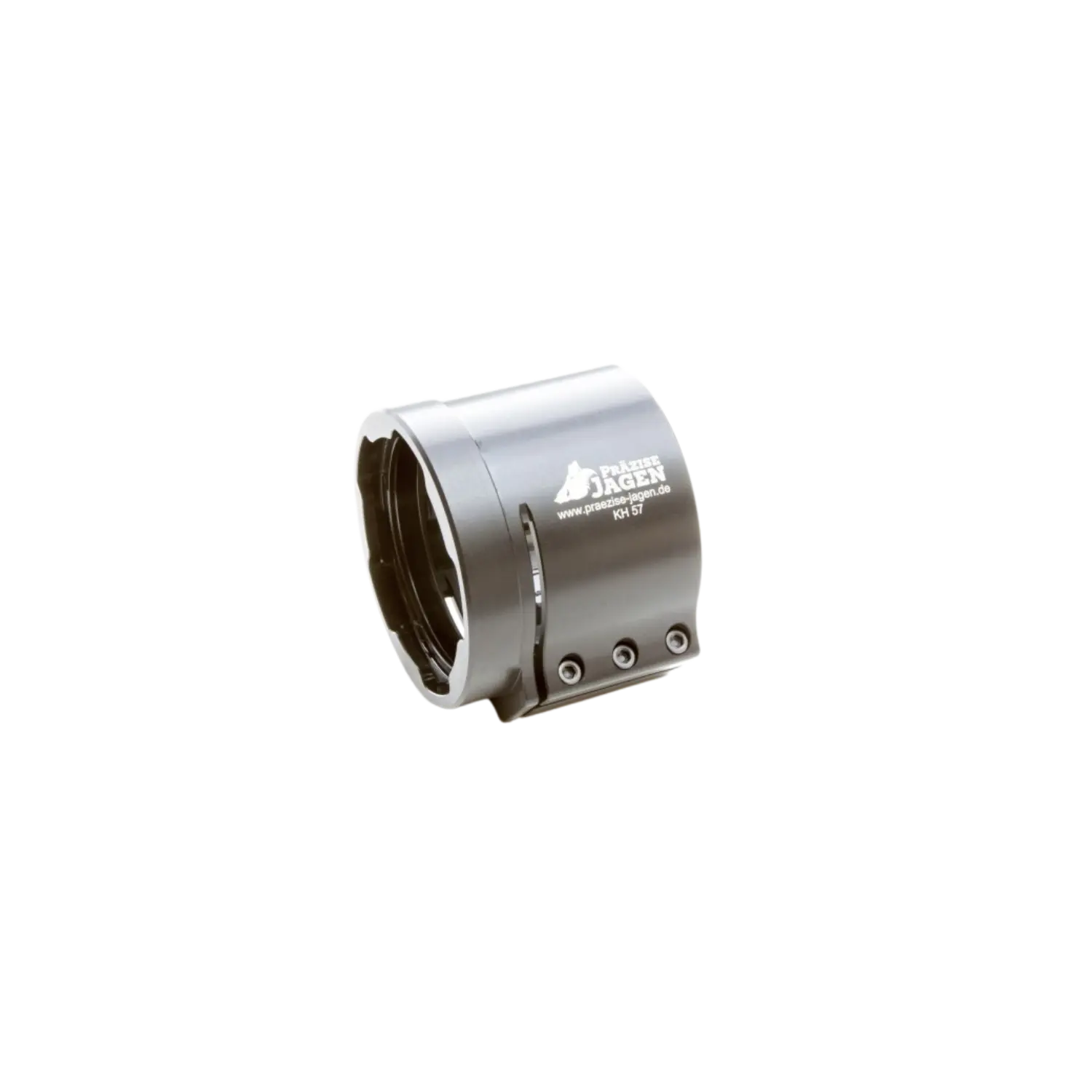 Präzise Jagen Klemmhülse KH-57 – 57 mm Außendurchmesser Metallische Klemmhülse mit drei Schrauben, aufgedrucktem Logo 'Präzise Jagen' und Modellbezeichnung 'KH 57'