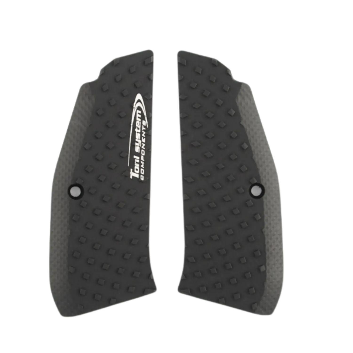 Toni System Vibram Griffschalen für CZ Pistolen Schwarz Kurz Schwarze Griffschalen für Pistolen mit Noppenstruktur, eine mit weißem Schriftzug 'Toni System COMPONENTS'.