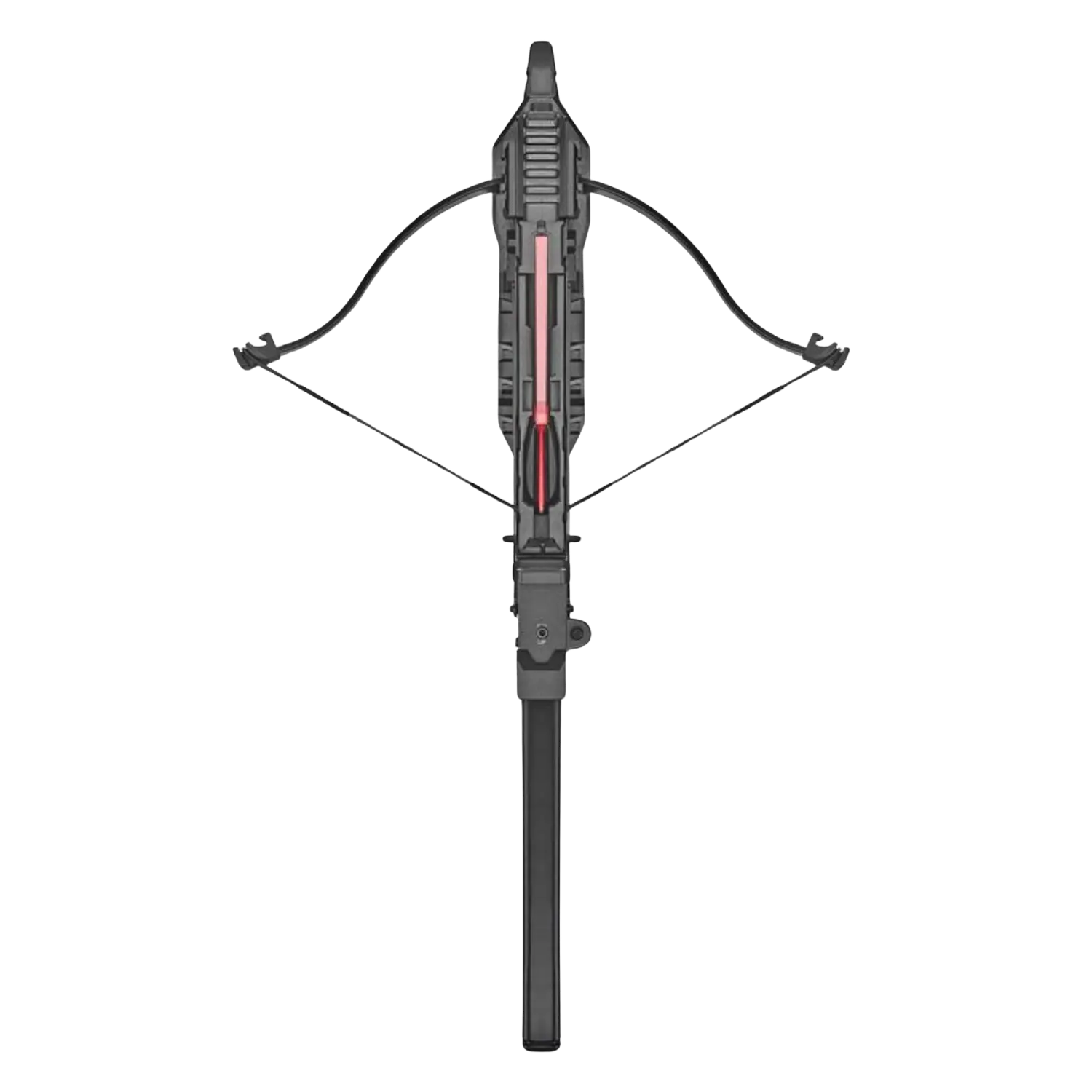 Schwarze Armbrust mit gespanntem Seil und rotem Bolzen in der Mitte, von oben gesehen.