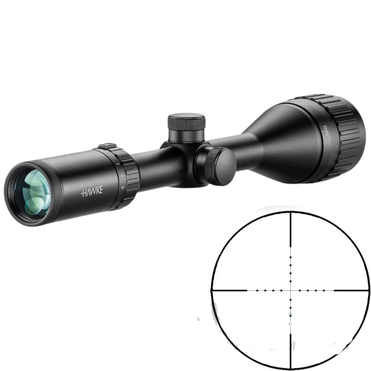 Schwarzes Zielfernrohr Hawke Vantage 3-9x50 mit verstellbaren Ringen und Mil-Dot-Absehen im Sichtfeld rechts unten.