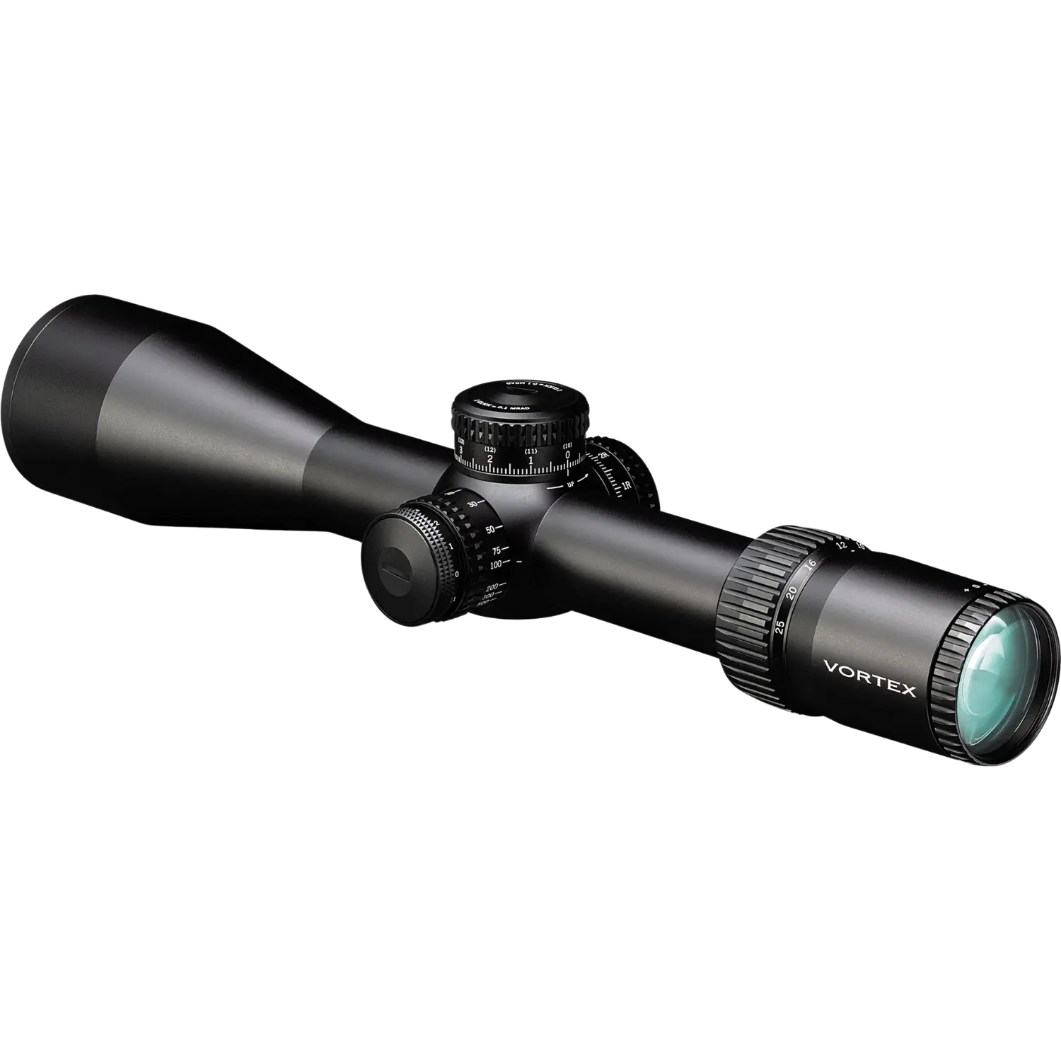 Vortex Strike Eagle Zielfernrohr mit langem schwarzem Gehäuse und präzisen Einstellrädern für optimale Zielgenauigkeit. Objetiv links zeigend.