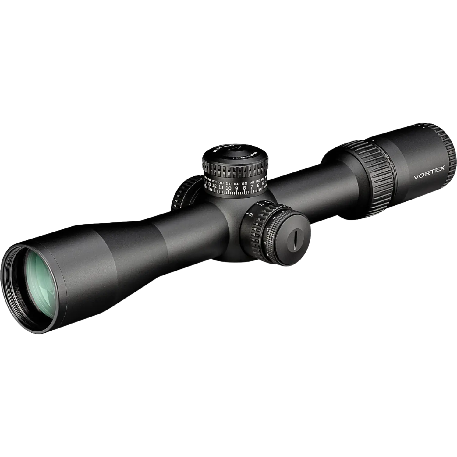 Vortex Strike Eagle Zielfernrohr 3-18x44 FFP EBR-7C MOA, schwarzes Gehäuse, zwei verstellbare Turmknöpfe, längliches Objektiv, klare Linse.