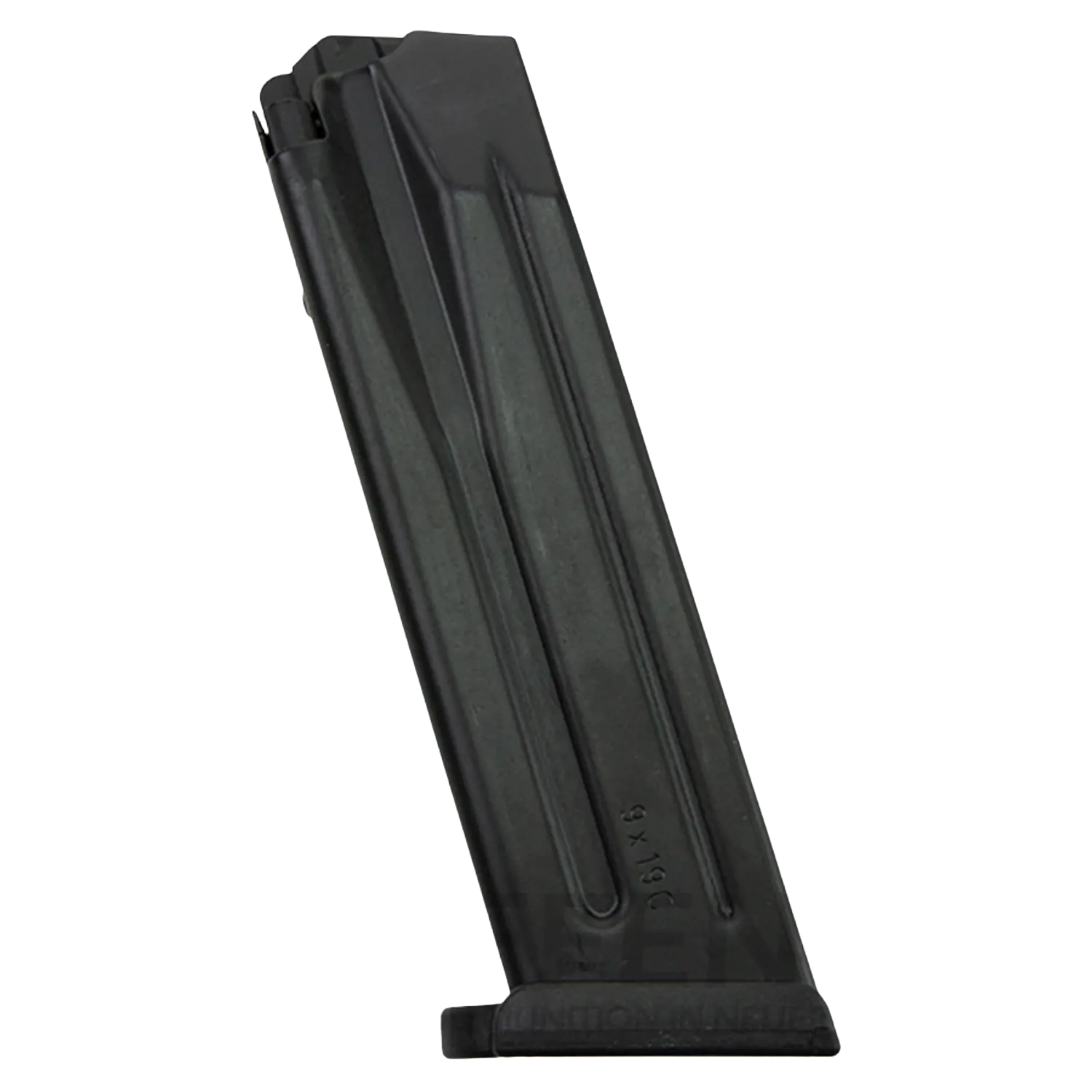 Schwarzes Metallmagazin für Heckler & Koch Pistole, länglich mit Rillen und Prägung '9 x 19'