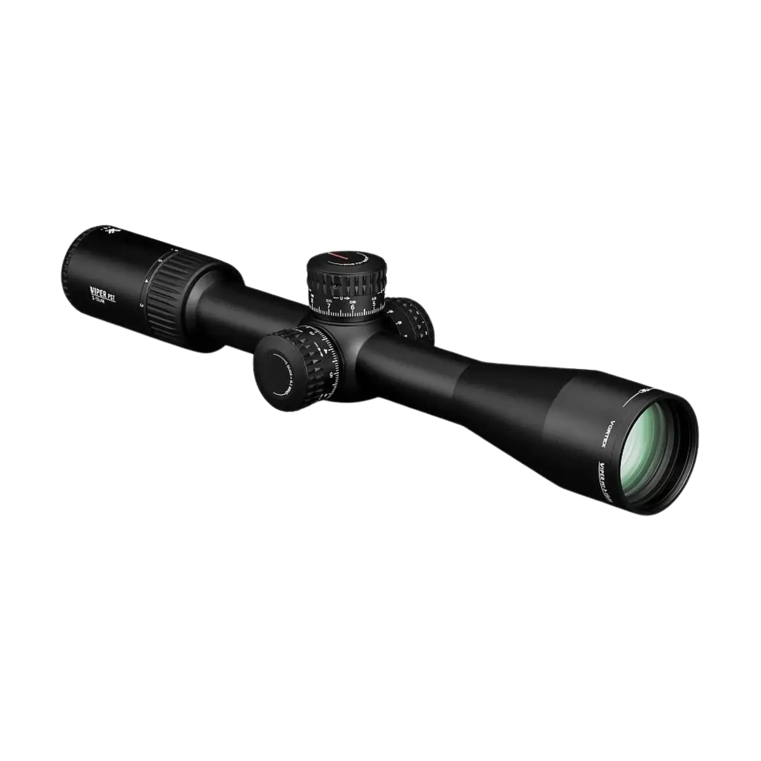 Vortex Zielfernrohr Viper PST Gen II 3-15x44 MOA SFP in Schwarz, seitliche Ansicht mit Linsen und Einstellung. Objetiv nach rechts unten zeigend.