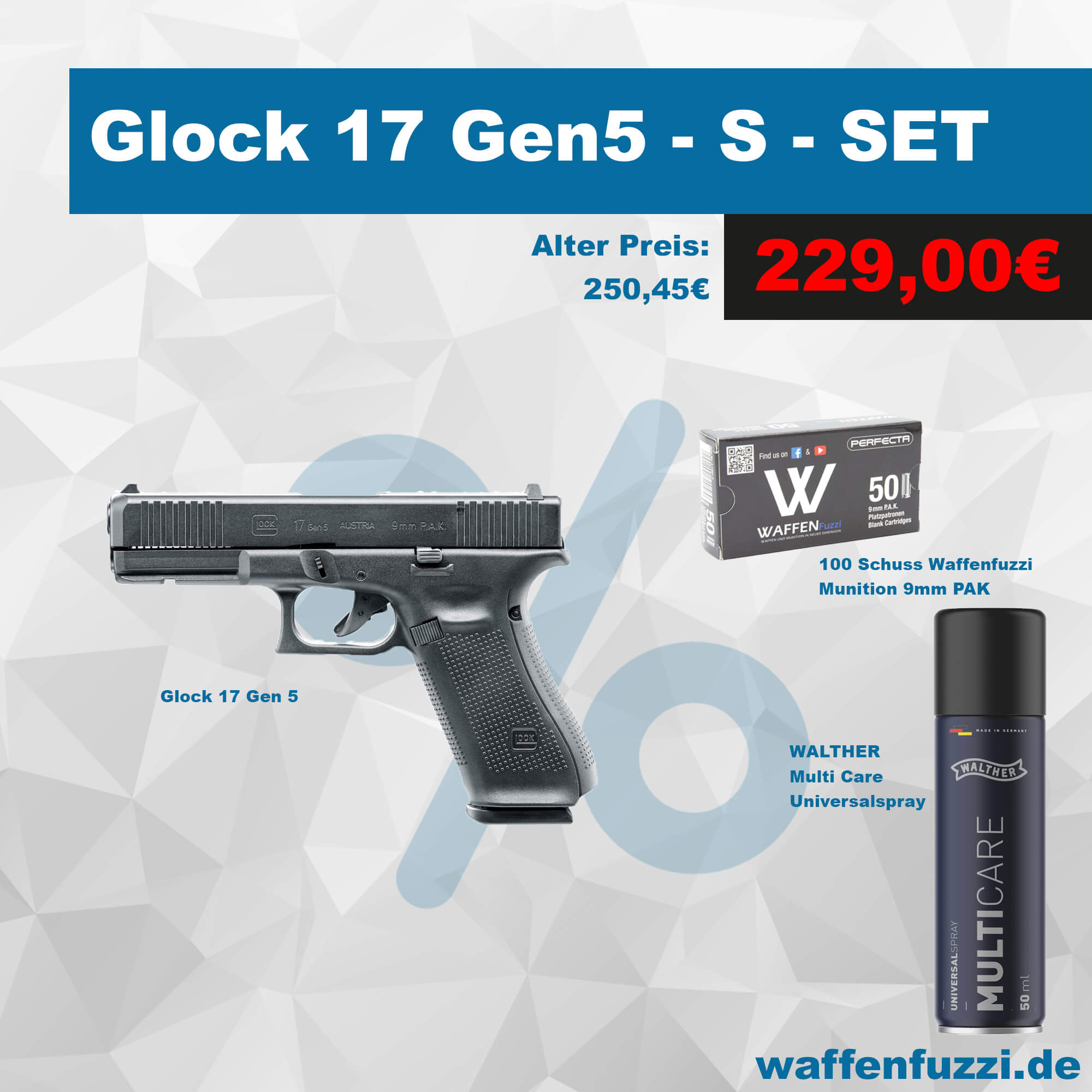 Glock 17 Gen5 Schreckschusswaffen Set S bestehend aus 100 Schuss Munition + Pflegeöl 