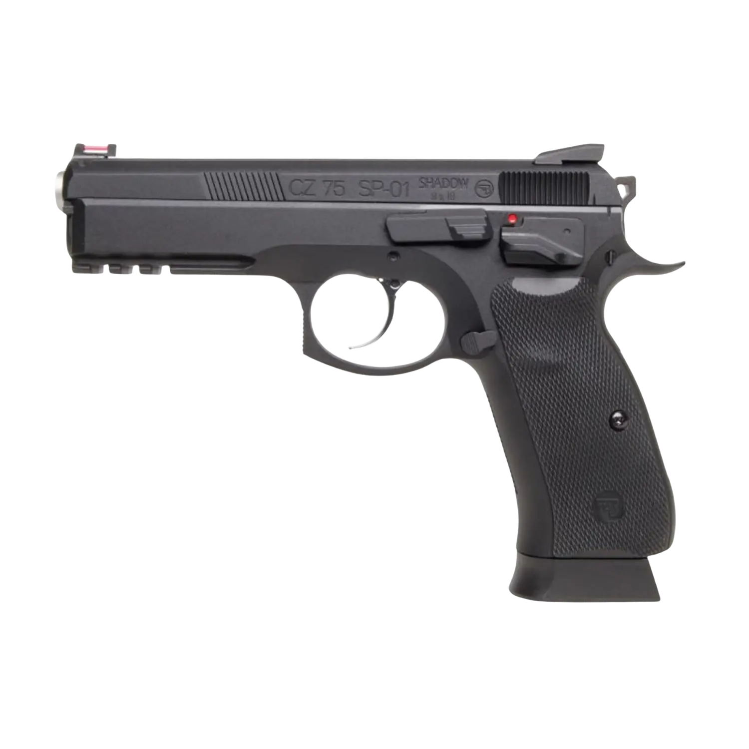 CZ SP-01 Shadow, schwarze Pistole, 4,5 mm BB, rechte Seitenansicht, mit Gummigriff und verstellbarem Visier.