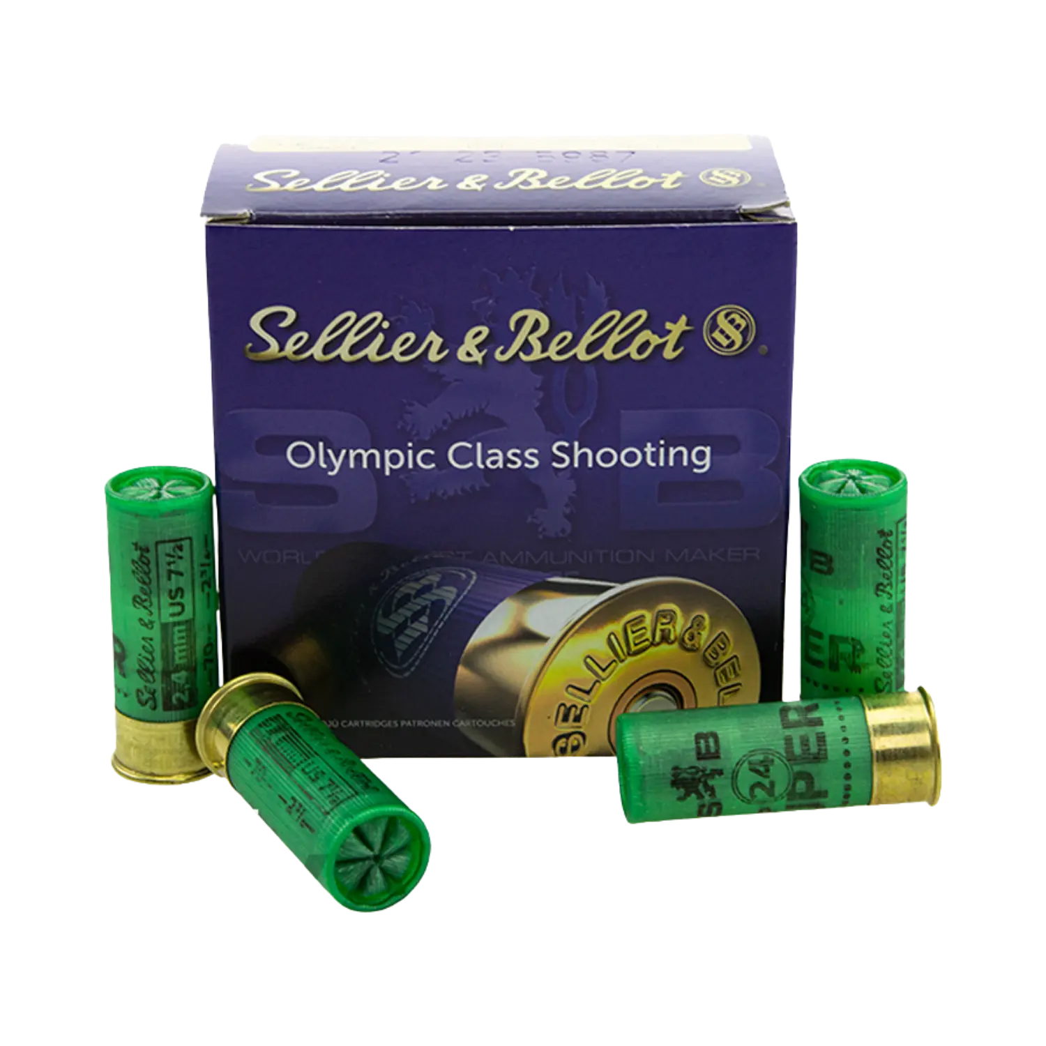 Violette Verpackung mit goldfarbenem Schriftzug 'Sellier & Bellot' und Text 'Olympic Class Shooting', davor grüne Schrotpatronen mit Messingboden und Aufdruck 'Sellier & Bellot'.
