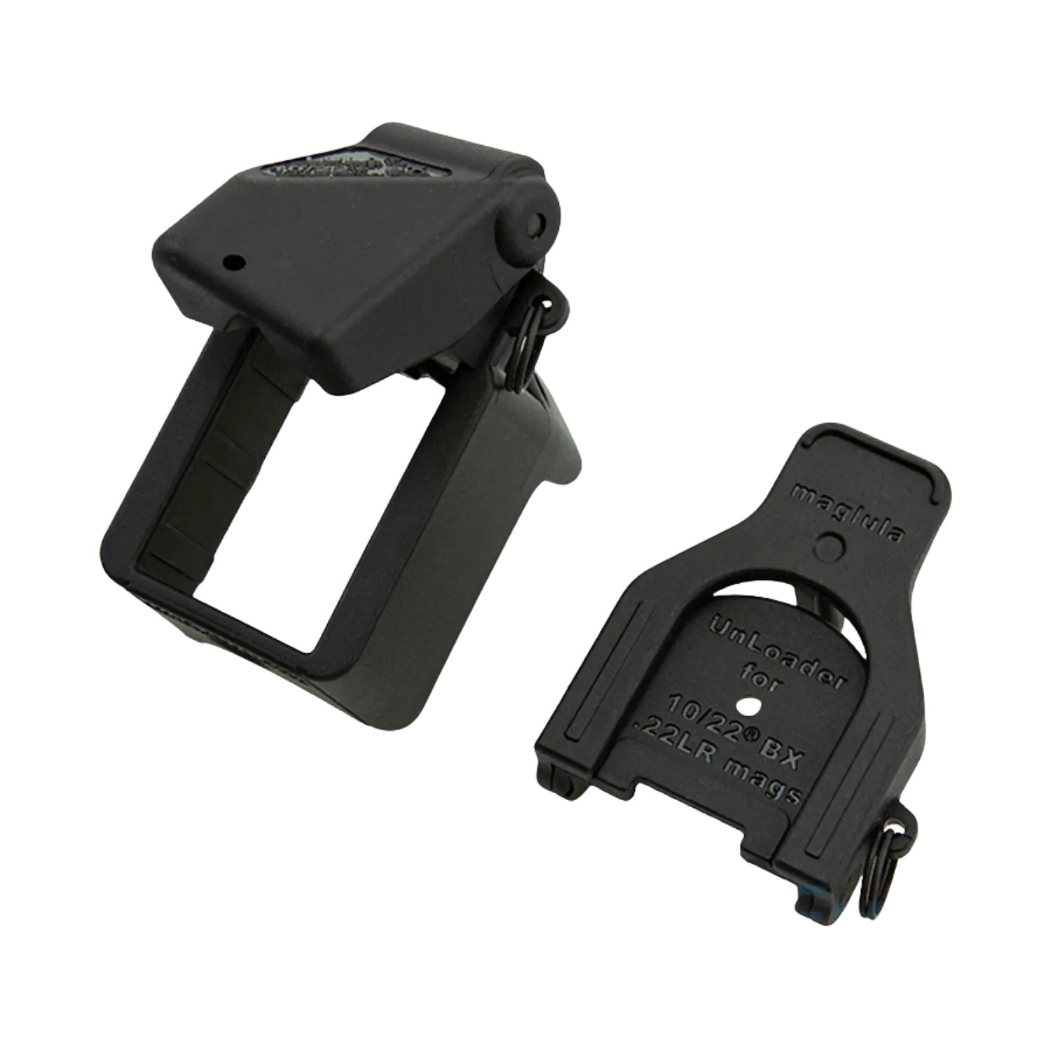 Schwarze Magpula Ladehilfe aus Kunststoff, bestehend aus zwei Teilen, mit sichtbaren Beschriftungen 'magpula' und 'Unloader for 10/22® BX 22LR mags'