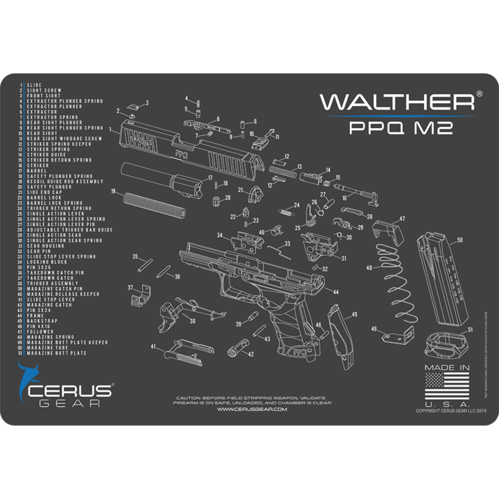 SCHEMATIC PROMAT Walther PPQ M2 Waffenauflagematte für Wartung und Pflege von Kurzwaffen