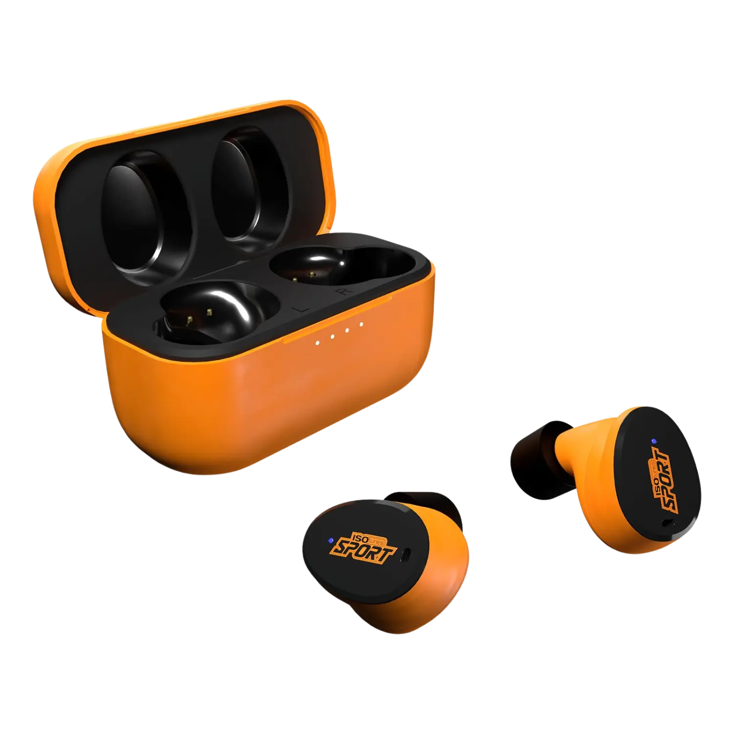 Orangefarbene Isotunes Caliber Sport Ohrstöpsel mit schwarzer Oberfläche und Ladecase, beide mit 'ISO SPORT' Schriftzug.