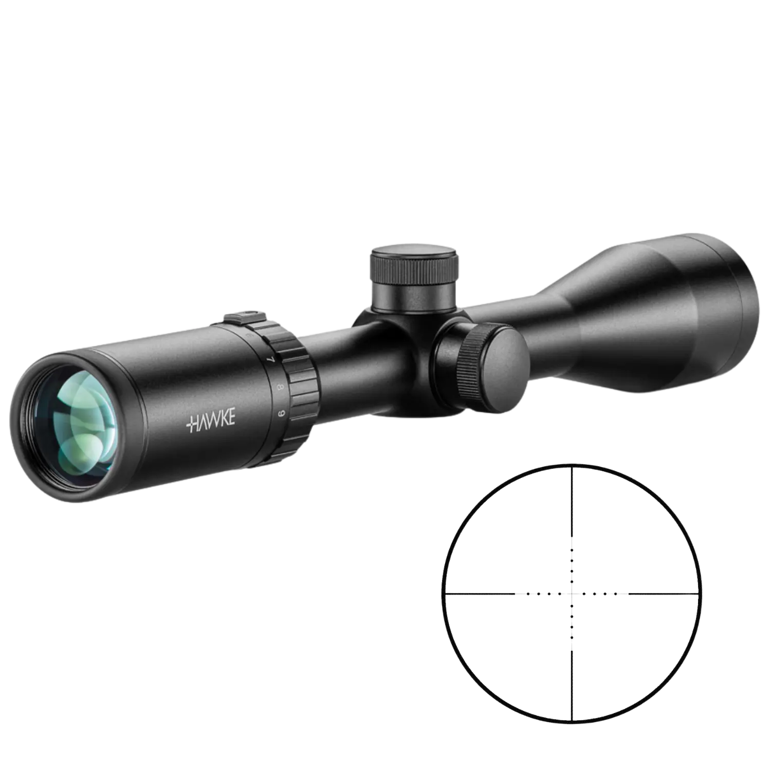 Schwarzes Zielfernrohr mit verstellbaren Ringen und beleuchtetem Fadenkreuz, Marke Hawke, mit Nahaufnahme des Fadenkreuzes.
