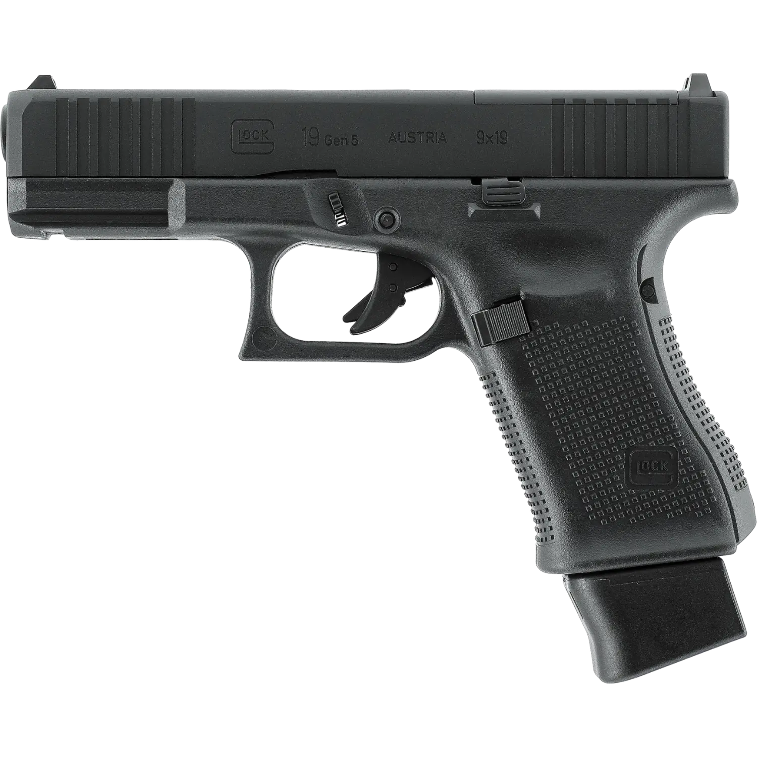 Schwarze Glock 19 Gen5 MOS Pistole Kaliber 4,5 mm BB mit geriffeltem Griff und sichtbaren Markierungen auf dem Schlitten. Lauf nach links zeigend.