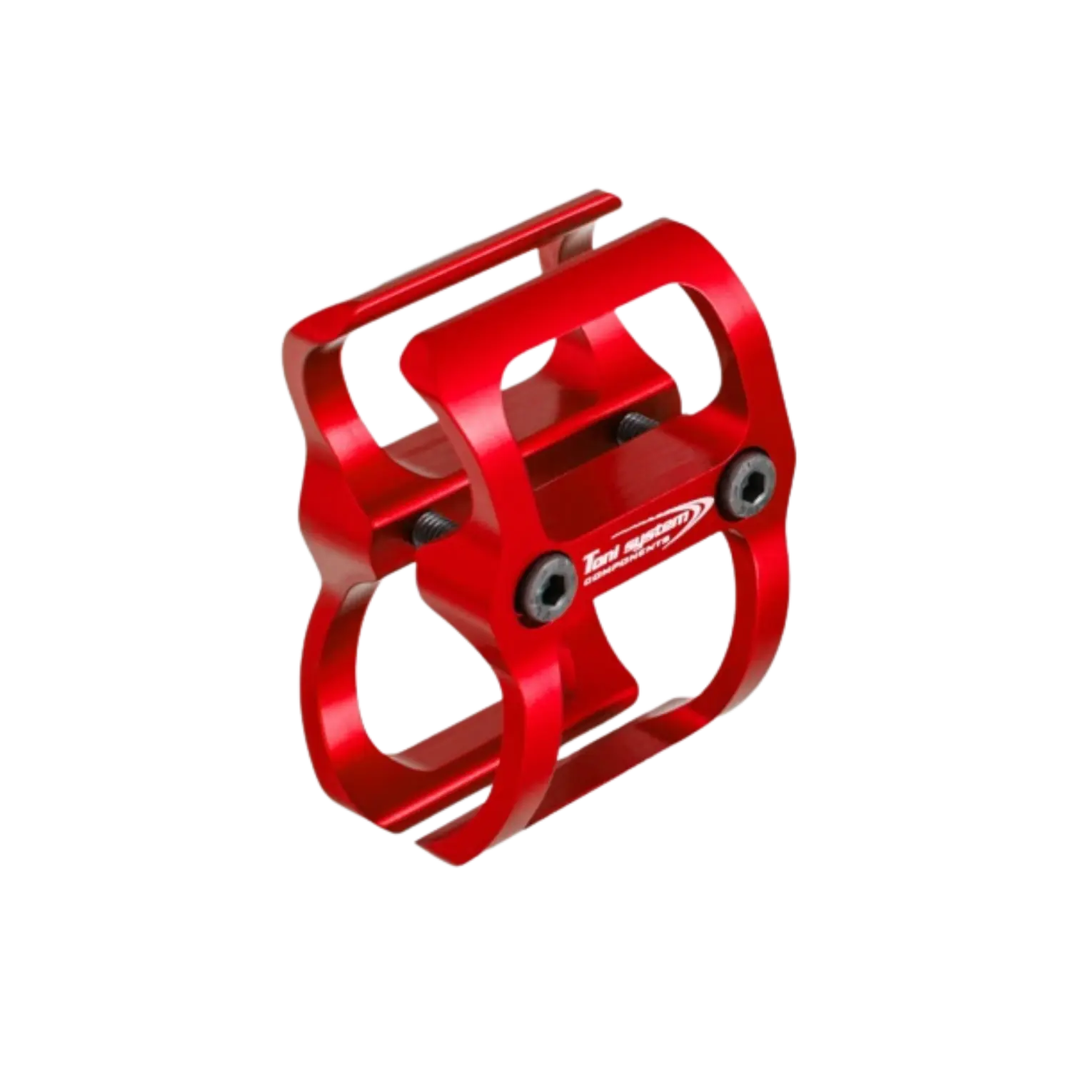 Roter Barrel Clamp aus Metall mit zwei Schrauben und Aussparungen, rechteckige Form mit abgerundeten Ecken.