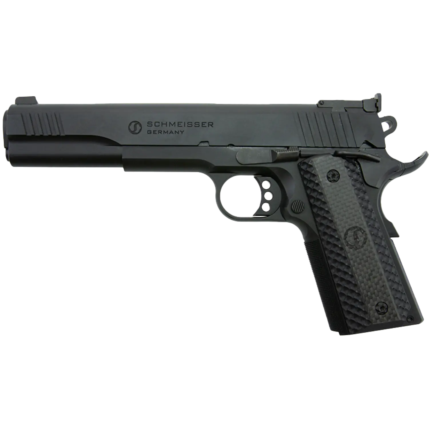 Schmeisser Hugo 1911, halbautomatische Pistole, schwarz, mit geriffeltem Griff und markantem Logo 'SCHMEISSER GERMANY' auf der Seite.