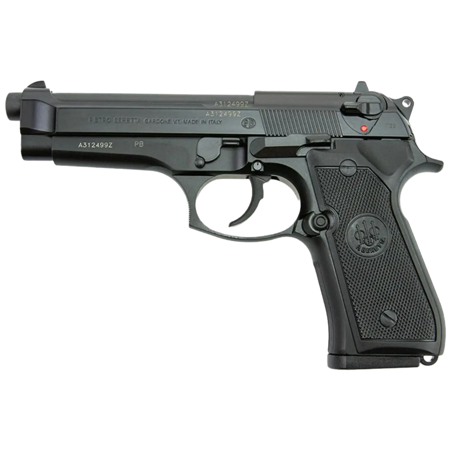 Beretta 92 FS 9mm Pistole, schwarz, mit abgerundetem Griff, sichtbarem Abzug und Sicherung, seitliche Beschriftung 'A3124929Z PB'.
