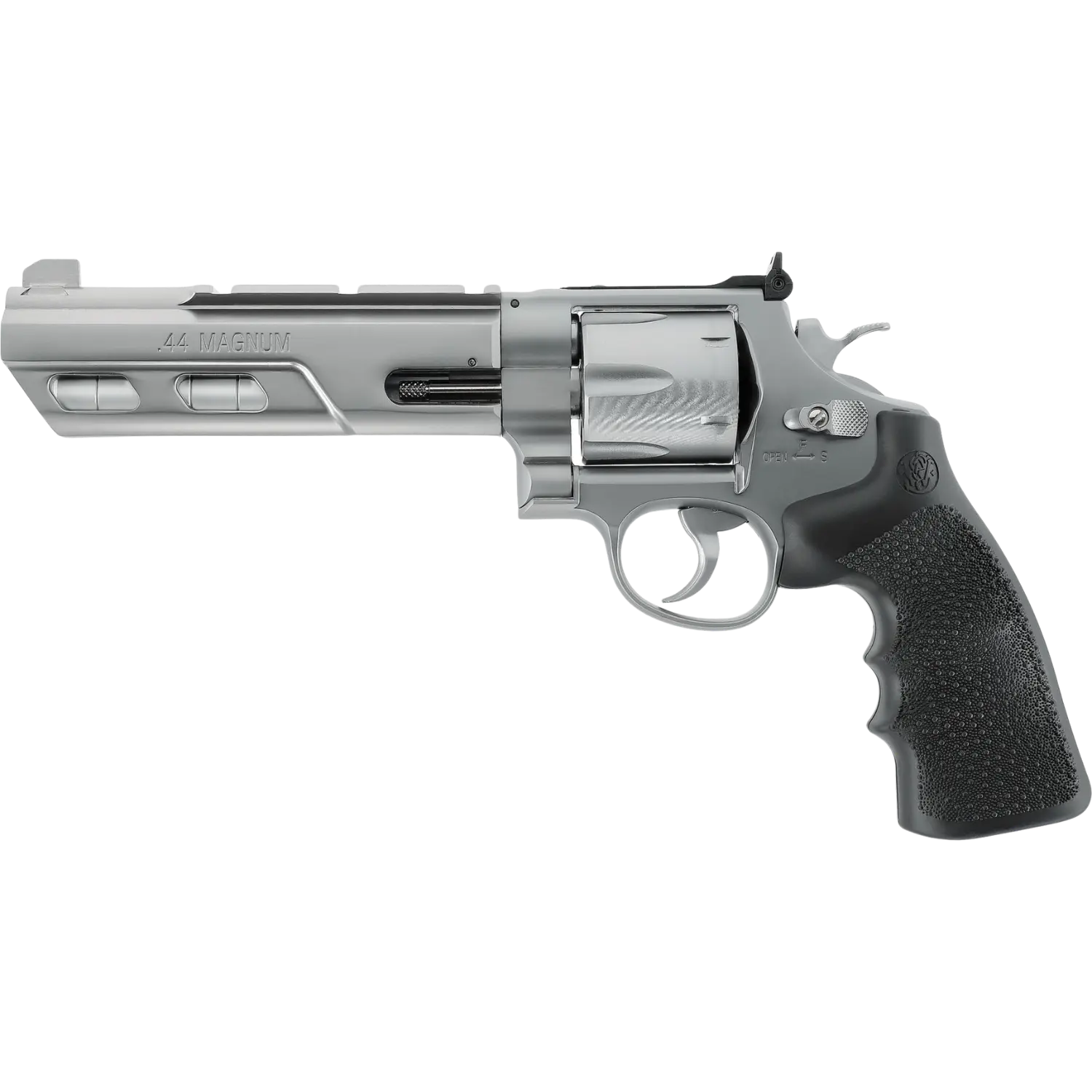 Smith & Wesson 629 Competitor 6" SLV-BLK CO2 Revolver 4,5mm Diabolo Silberner Revolver mit schwarzem Griff, sichtbarem Trommelzylinder und Gravur '.44 MAGNUM' am Lauf.