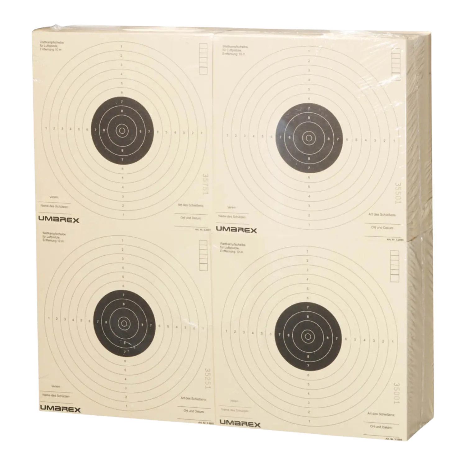 Zielscheiben für Pistolen 17x17cm 100 St. Verpackung mit 100 Zielscheiben von Umarex, zeigt vier Zielscheiben mit konzentrischen Kreisen in Schwarz und Weiß.