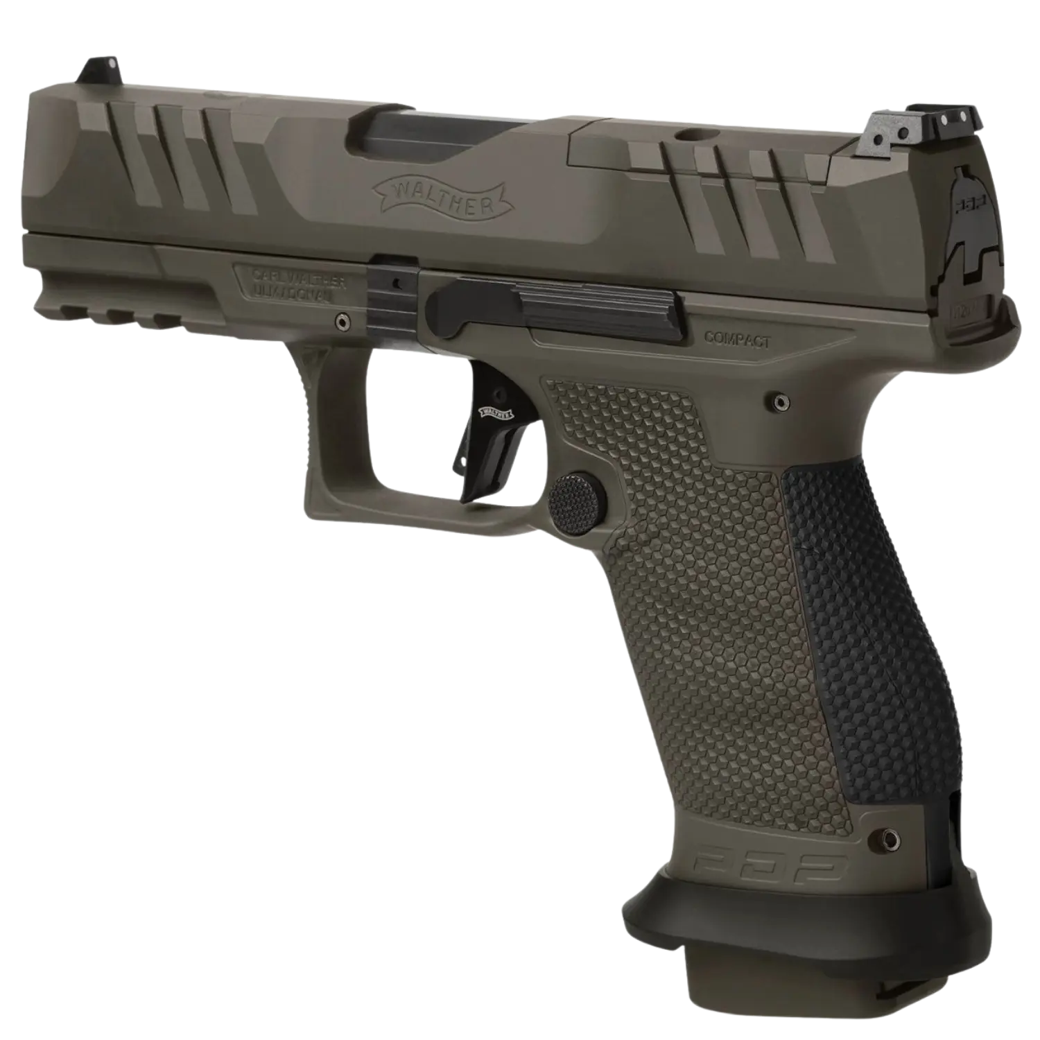 Walther Compact 4 Zoll ODG, eine halbautomatische Pistole in Olivgrün mit einem strukturierten Griff und einer Picatinny-Schiene.