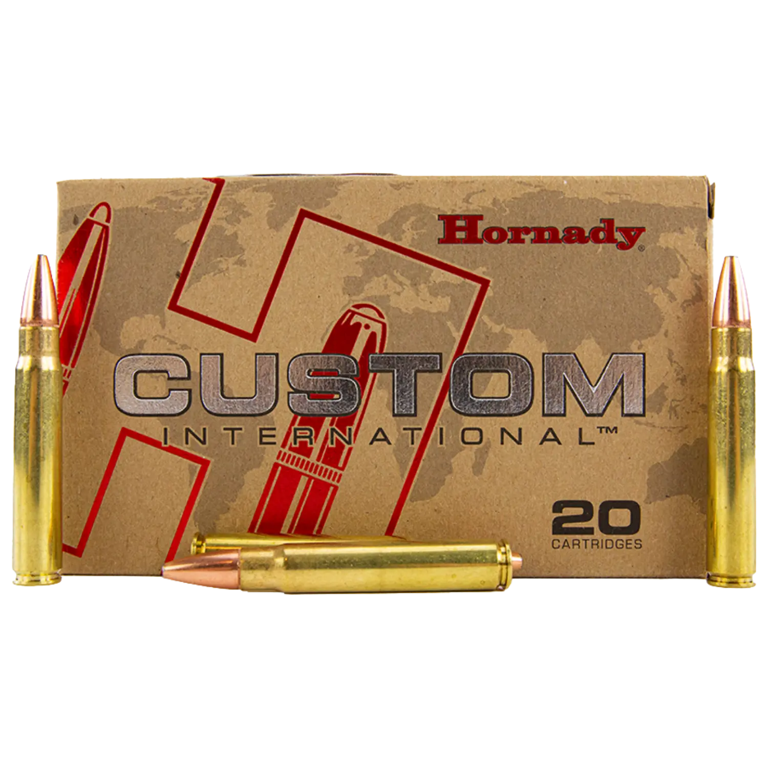 Hornady 9,3x62: Packung mit 20 Patronen, zwei Patrone daneben auf dem Tisch.
