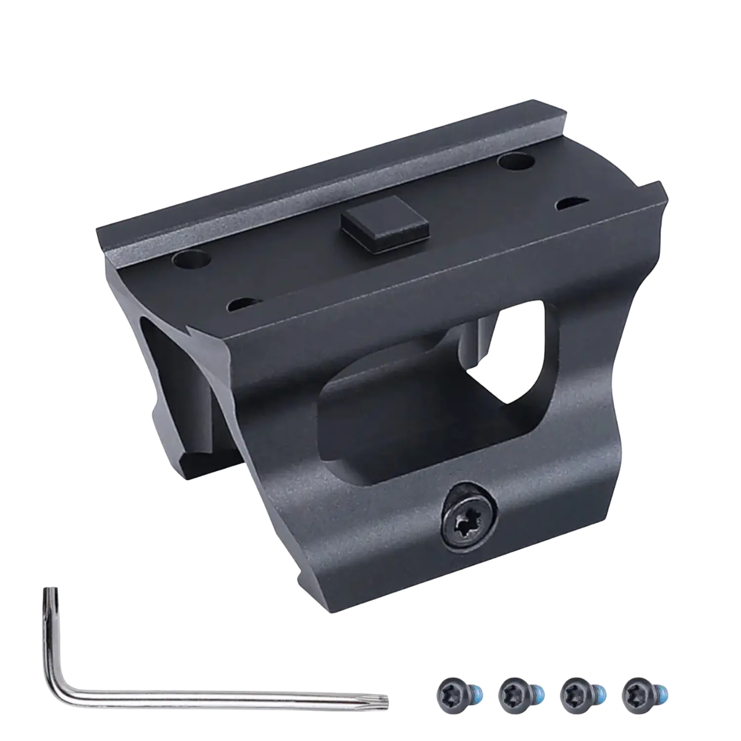 Schwarze Picatinny-Riser-Montageplatte aus Metall mit AP Micro Footprint, dazu ein Inbusschlüssel und vier Schrauben.