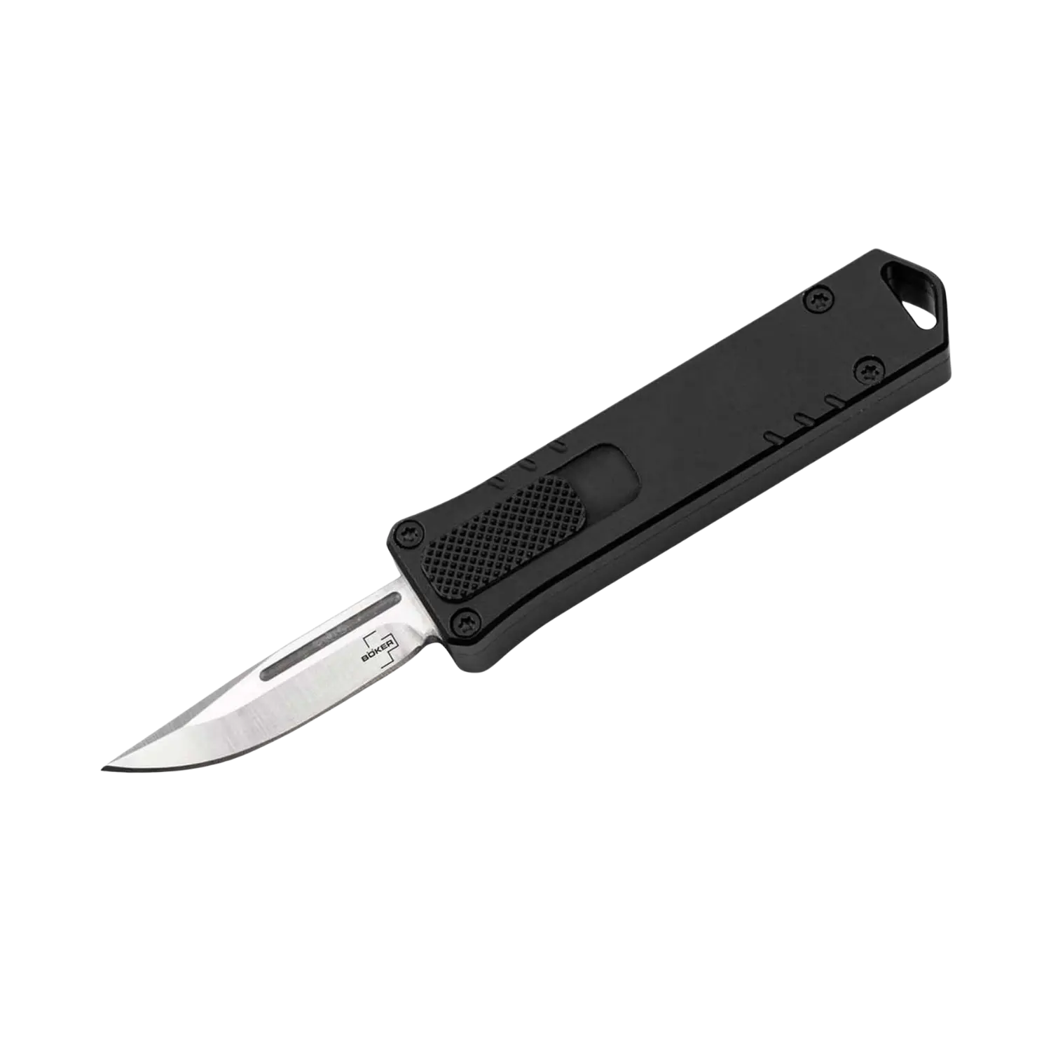 Böker Plus Micro USB OTF Böker Plus Micro USB OTF Taschenmesser mit schwarzem Griff, ausgefahrener silberner Klinge und Daumenrille am Griff.