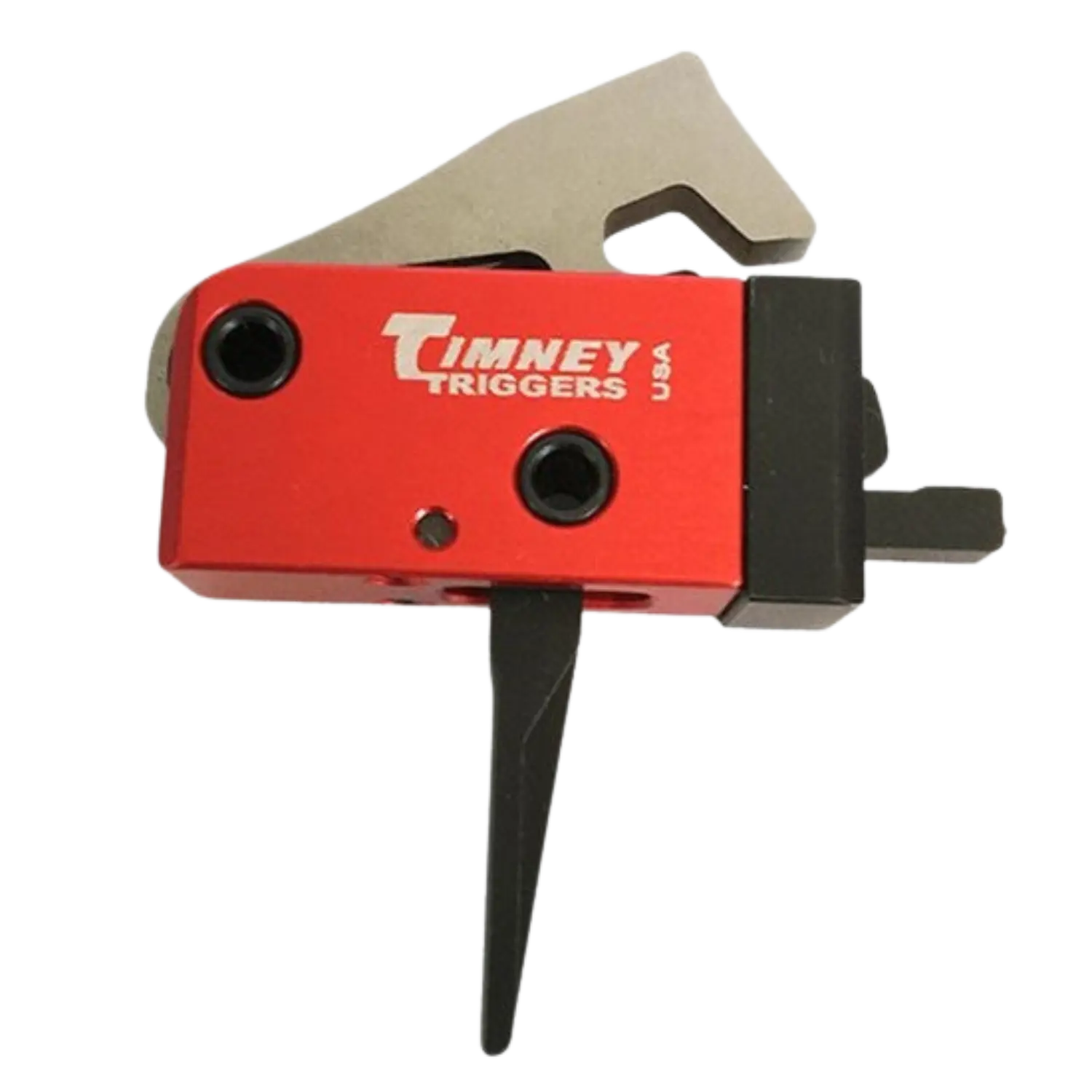 Timney 2-Stage Abzug für AR PCC Waffen Gerade Rotes Timney Triggers Abzugsmodul mit schwarzem Abzug und separatem rechteckigem Teil auf weißem Hintergrund.