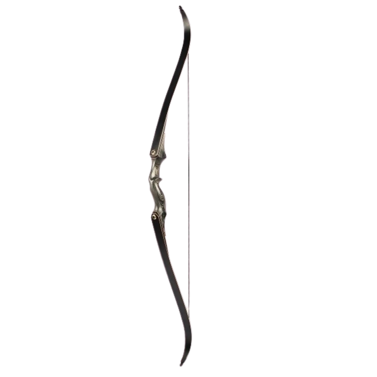 Schwarzer Recurve-Bogen mit gebogenem Mittelstück und gespanntem Bogenstring, seitliche Ansicht