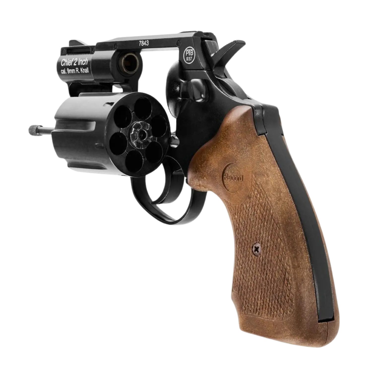 Revolver Record Chief 2 mit offenem Trommelzylinder und braun gebürstetem Holzgriff
