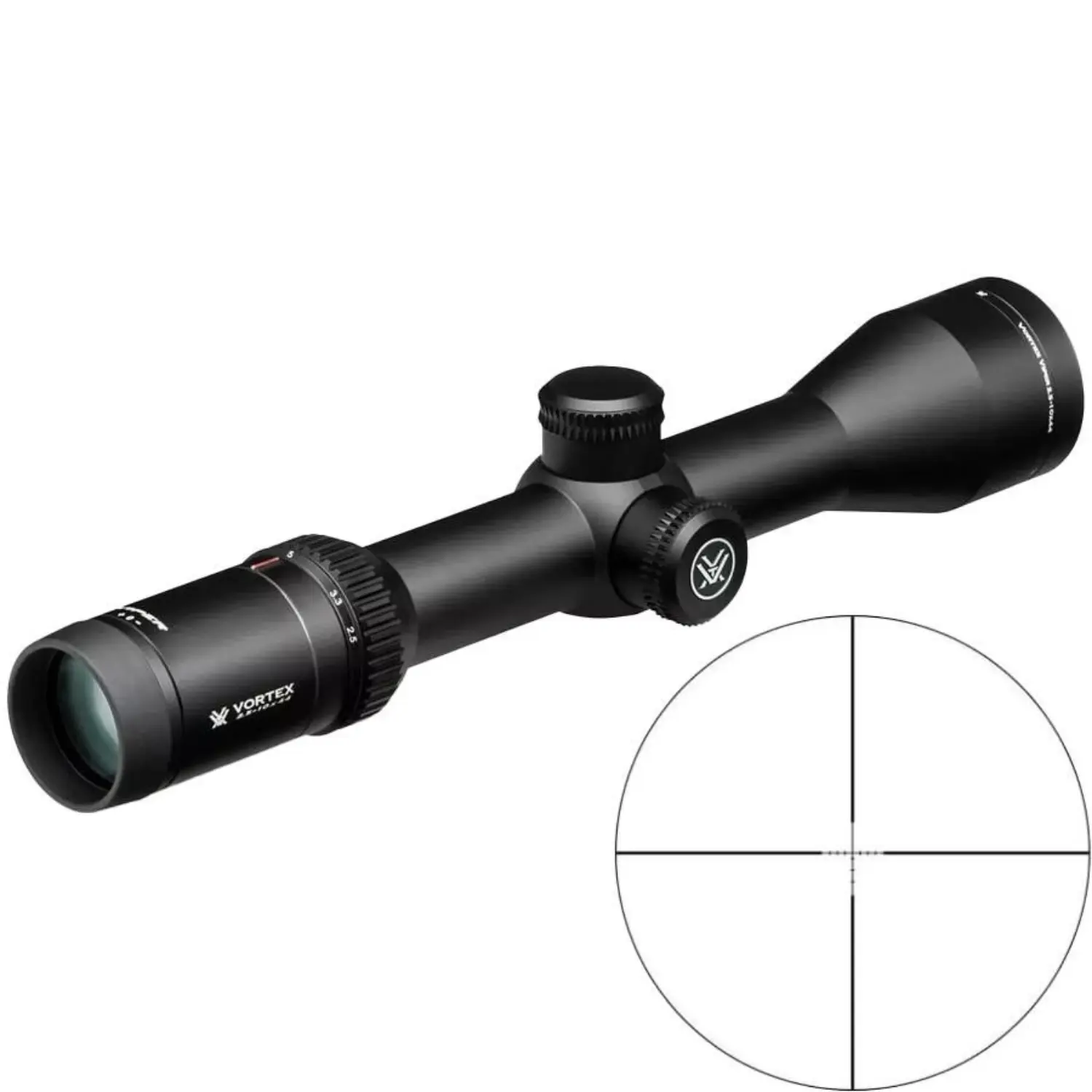 Vortex Zielfernrohr Viper HS 2,5-10x44 BDC-2 SFP, schwarzes Zielfernrohr mit Einstelltürmen und vergrößerter Optik, daneben Abbildung des Fadenkreuz-Designs.