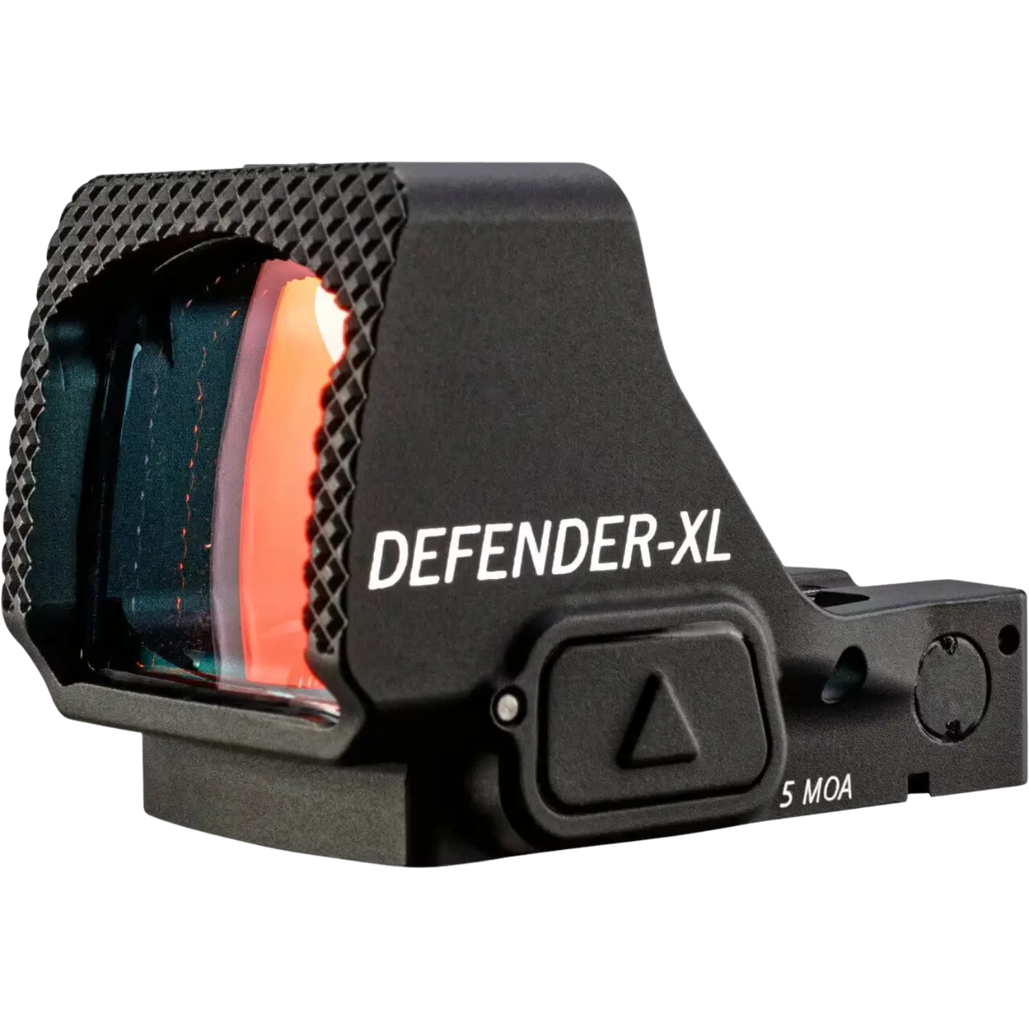 Vortex Defender XL Red Dot + Picatinnyschiene + Glock Adapterplatte 5 MOA Schwarzes Vortex Defender-XL Reflexvisier mit strukturierter Front, rechteckiger Linse und weißer Beschriftung 'DEFENDER-XL' und '5 MOA'.