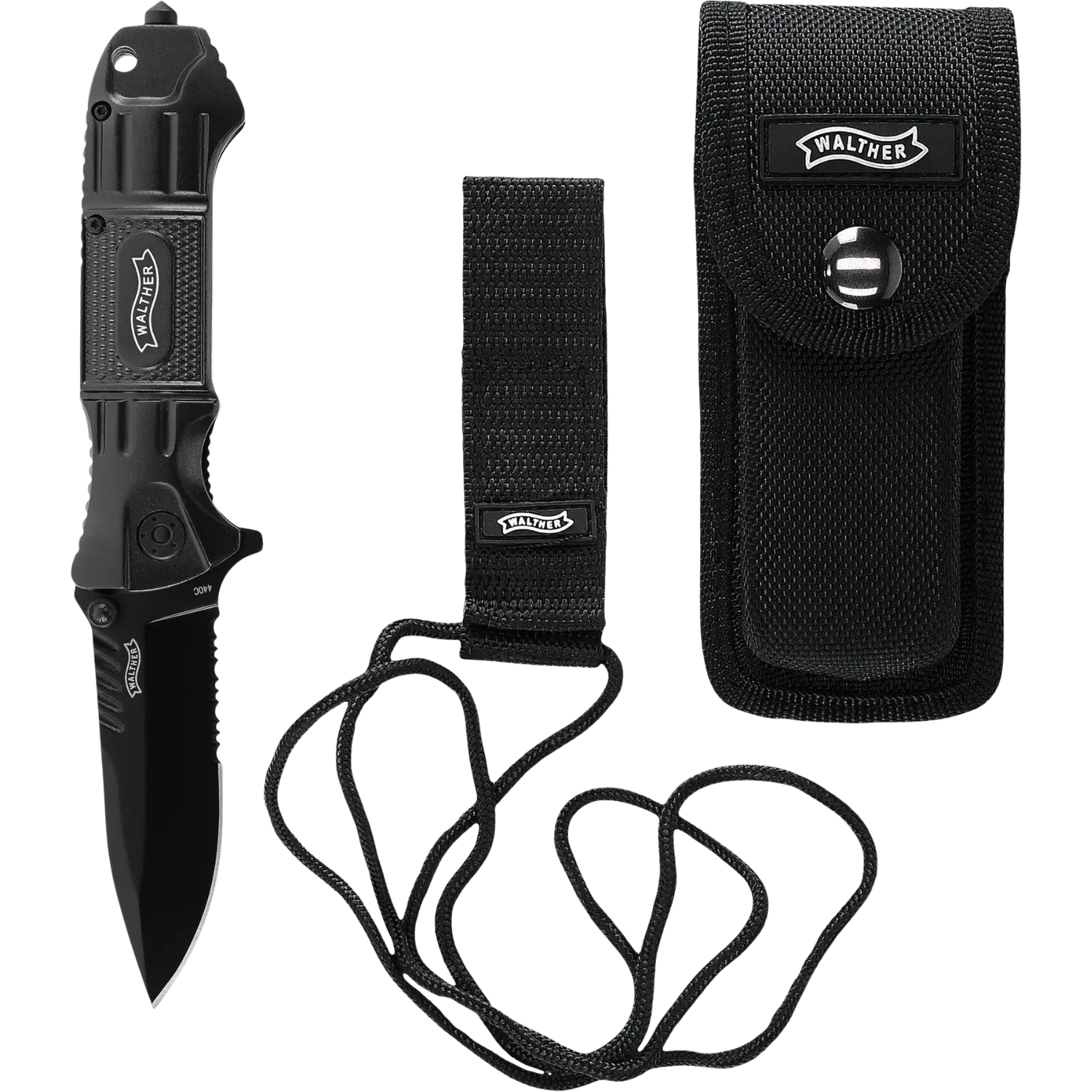 Schwarzes Umarex Tac-Messer mit feststehender Klinge, schwarzem Griff, dazu schwarze Nylontasche mit Druckknopf und Gürtelhalter mit Umarex-Logo.