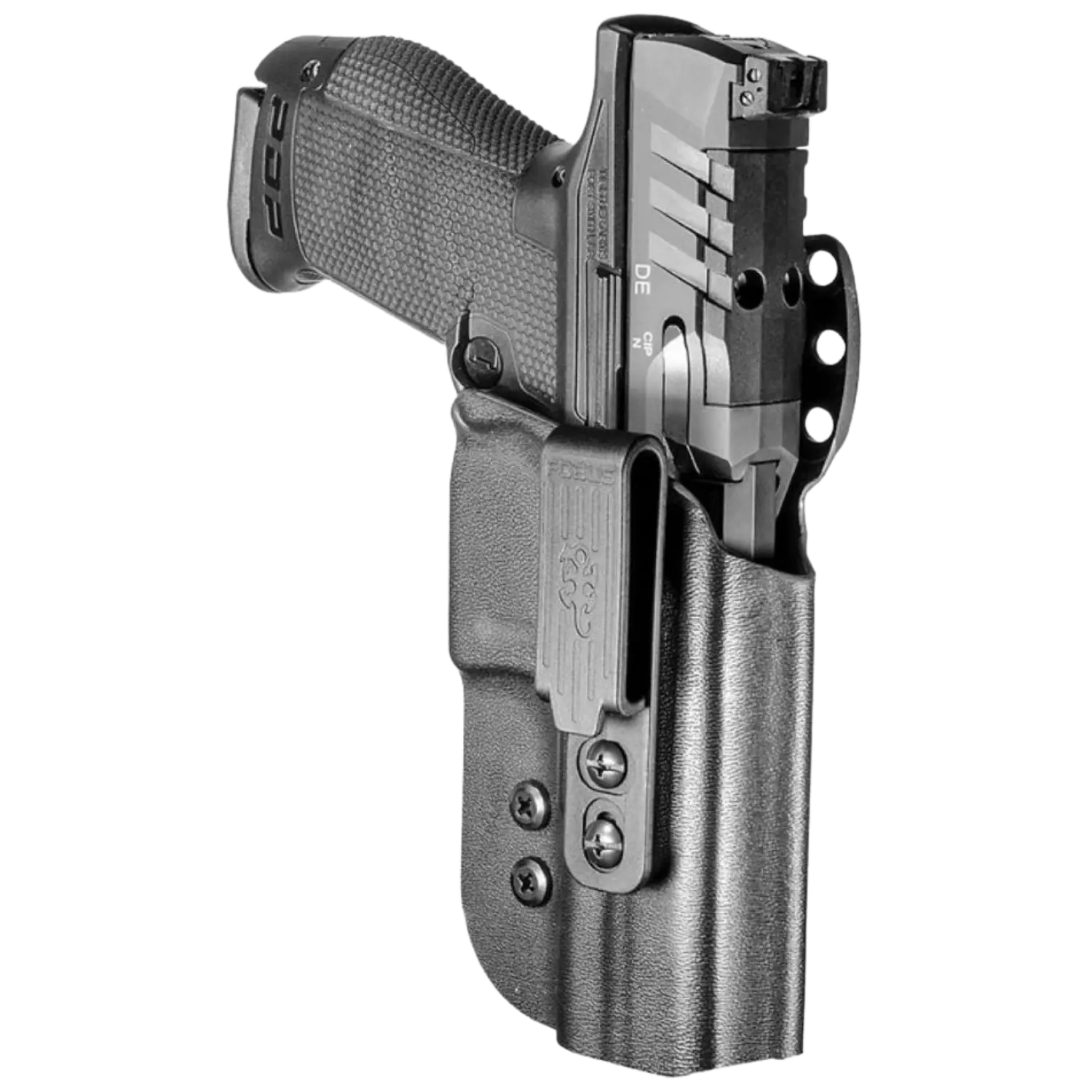 Fobus WPDP - Boltaron OWB & IWB Holster für Walther PDP I Auswahl Trageseite Schwarzes WPDP Holster mit einer Waffe in seitlicher Ansicht.