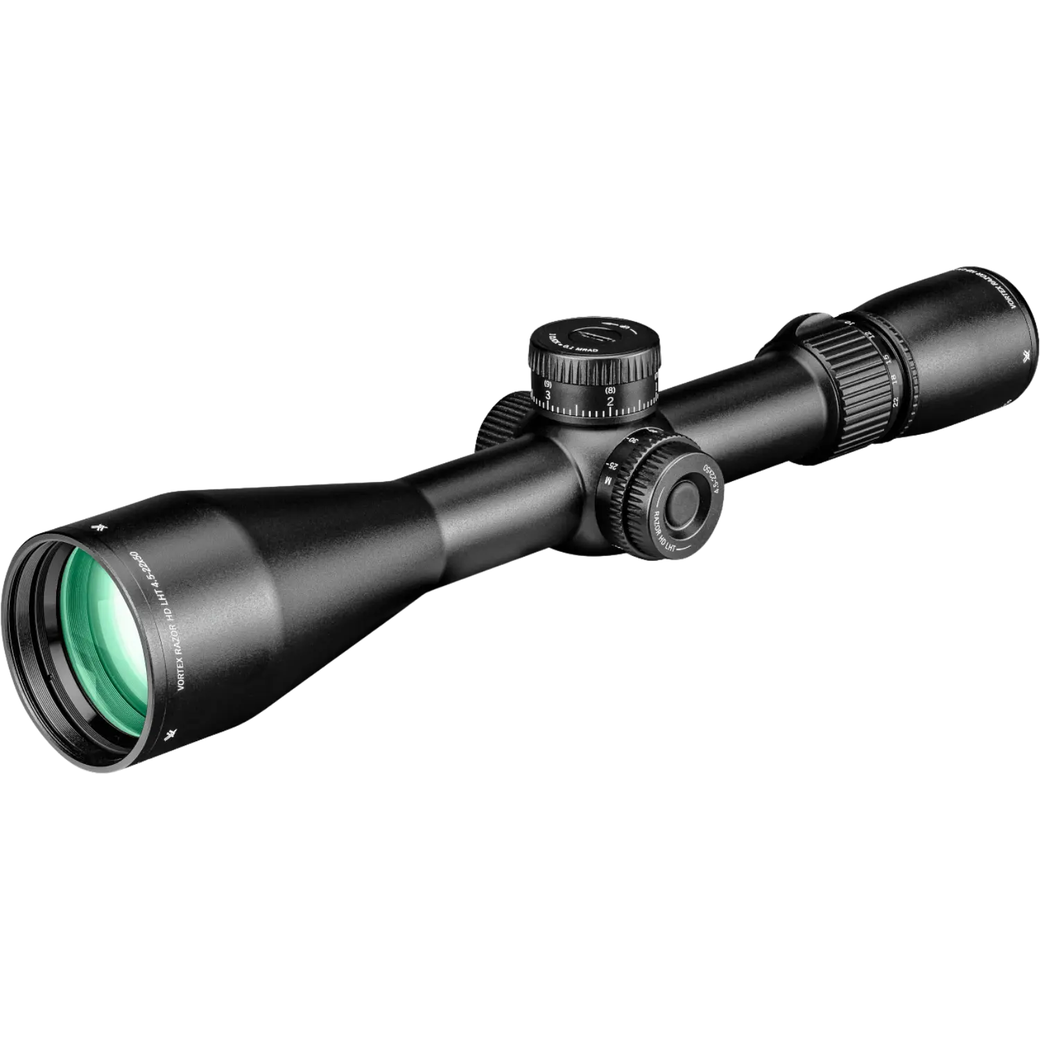 Vortex Razor LHT 4,5-22x50 FFP XLR-2 MRAD Vortex Razor LHT 4,5-22x50 FFP XLR-2 MRAD, schwarzer Zielfernrohr mit grünem Objektiv, verstellbaren Turm und Fokussierungsring.