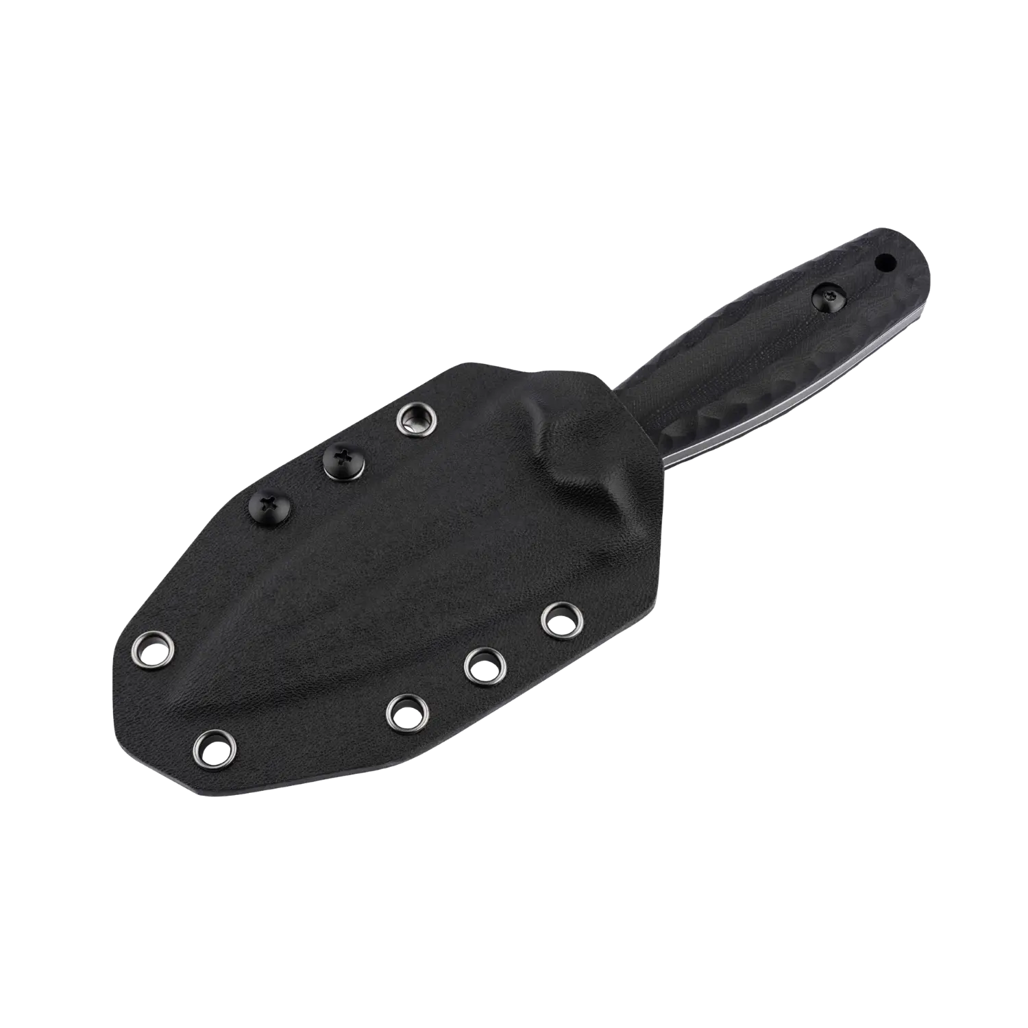 Böker Plus W1 Dolch mit schwarzer Scheide, Griff mit Struktur und Loch am Ende.