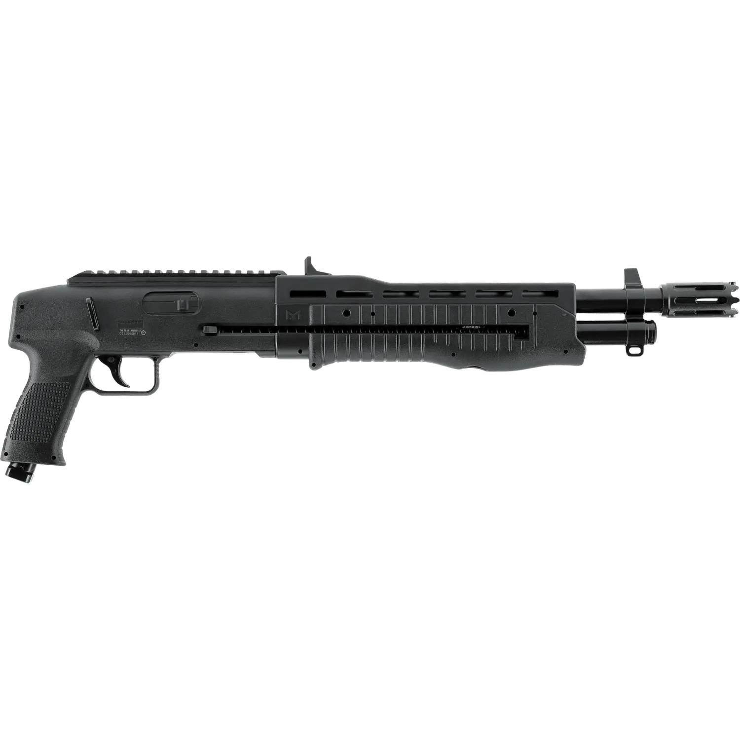 T4E TB68 Gen2 von RAM Waffe, schwarzes Gewehr mit ergonomischem Griff, Picatinny-Schiene und einem Lauf mit Mündungsbremse.